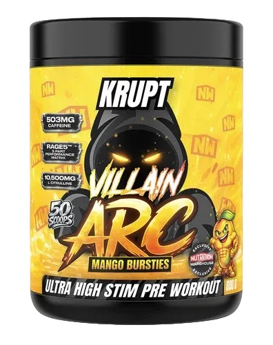 A black tub of Krupt Villain Arc Mango Bursties pre-workout supplement with a bright yellow label, shown on a plain white background.