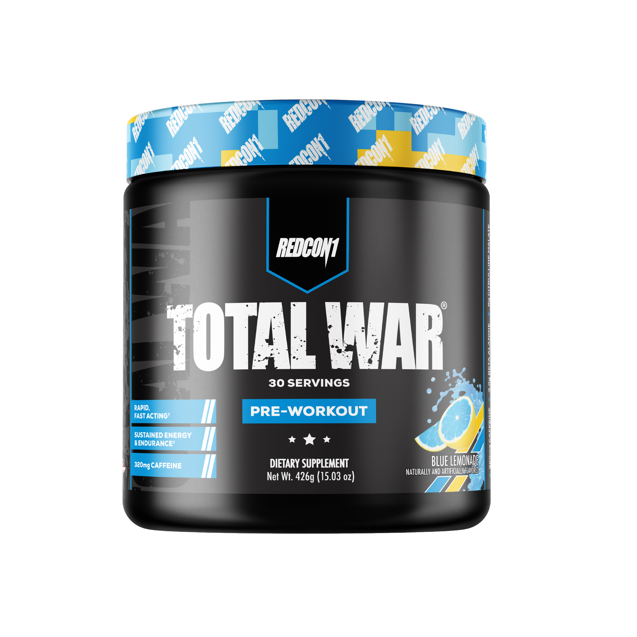 Redcon1 Total War pre-workout supplement container on a white background