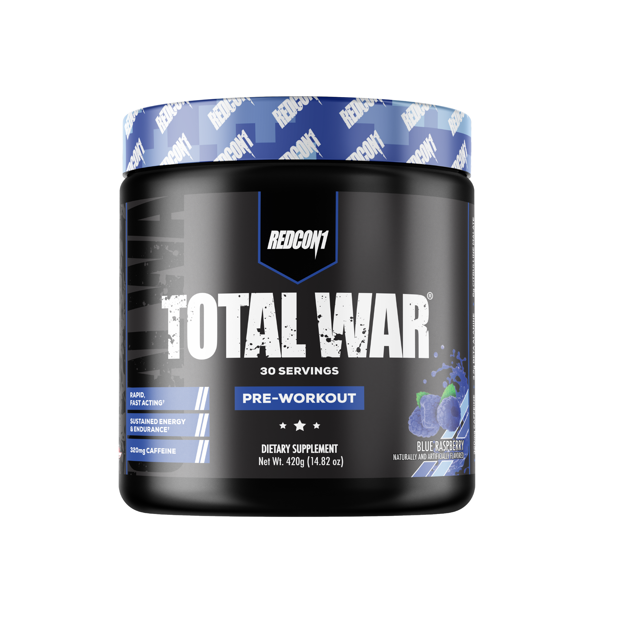 Pre-workout supplement container labeled 'Total War' by Redcon1 on a white background
