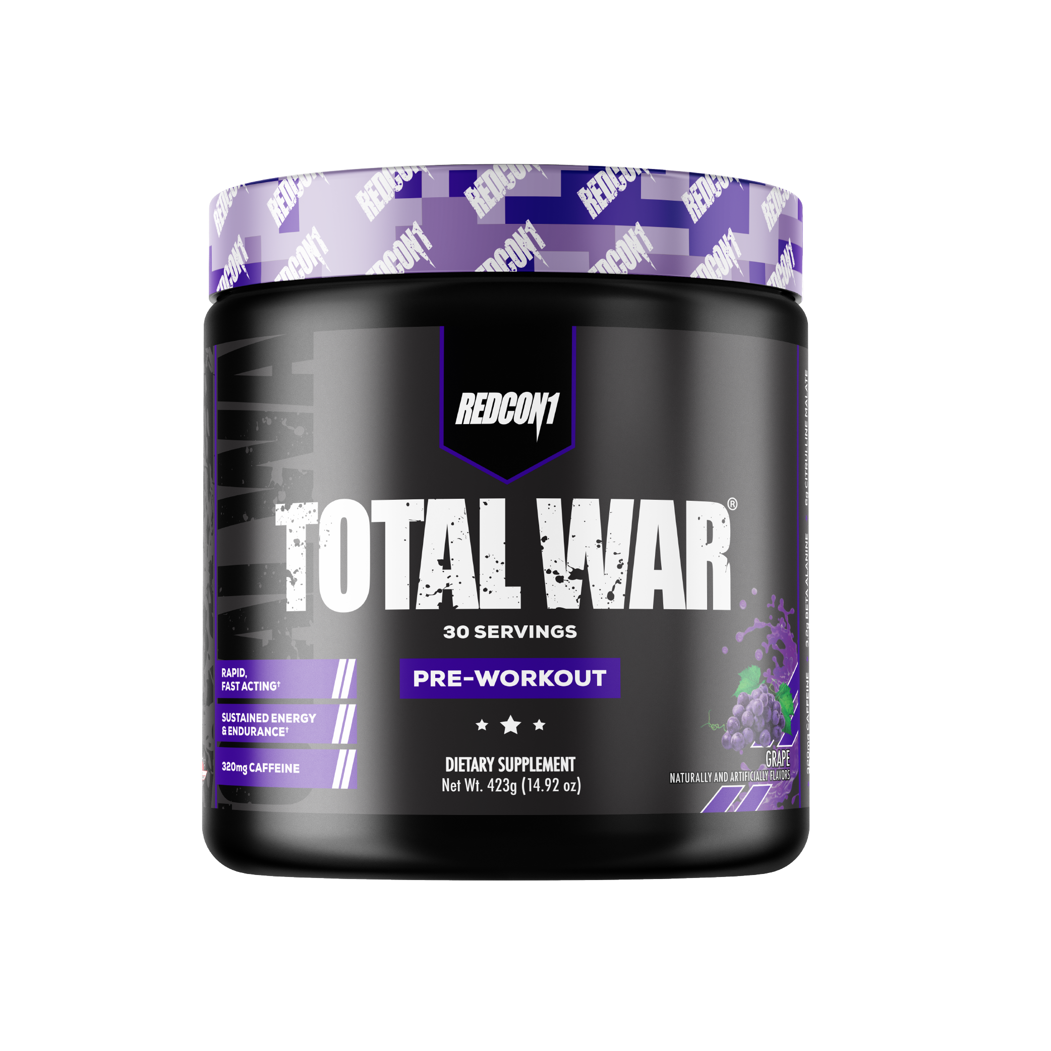 Pre-workout supplement container labeled 'Total War' by Redcon1 on a white background