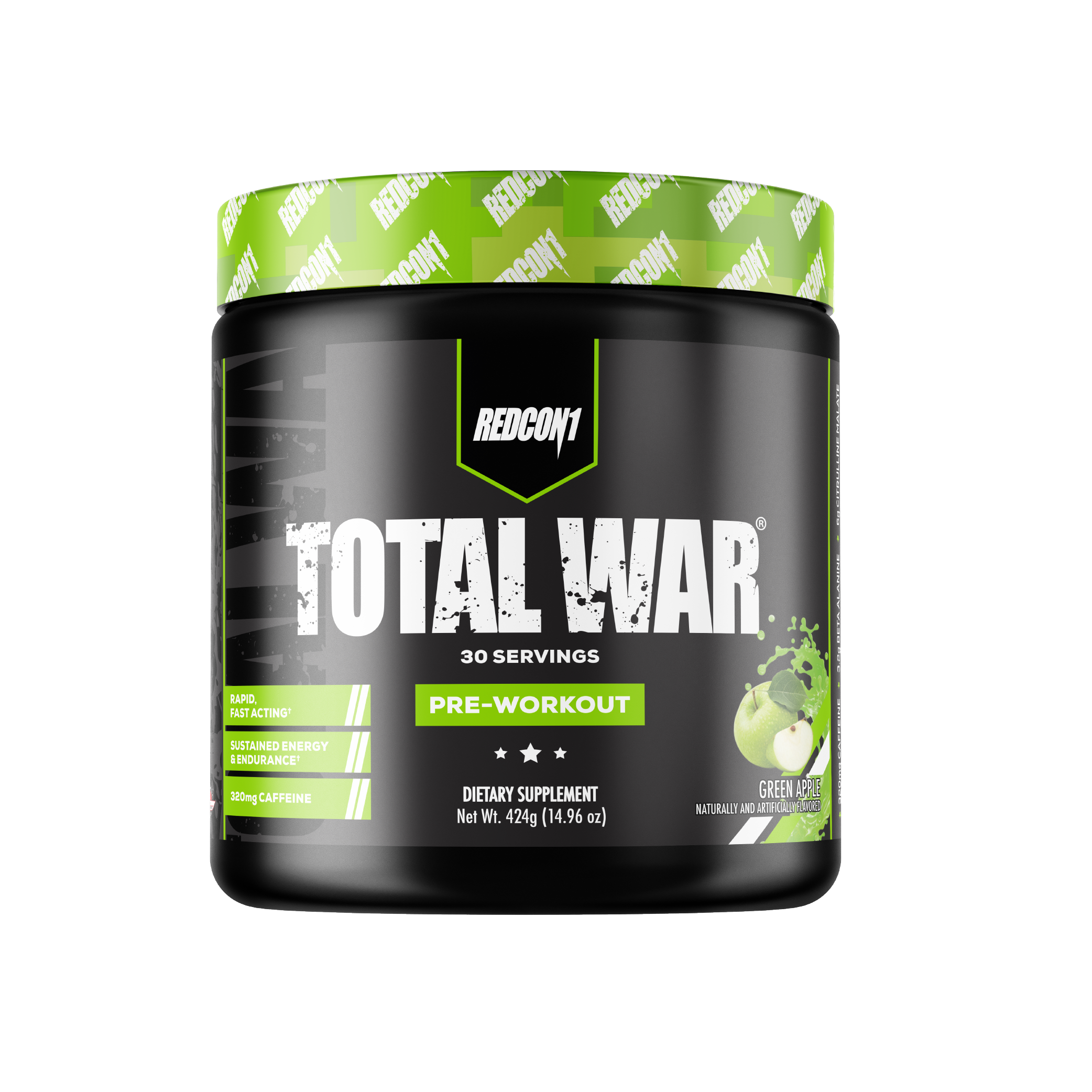 Pre-workout supplement container labeled 'Total War' by Redcon1 on a white background