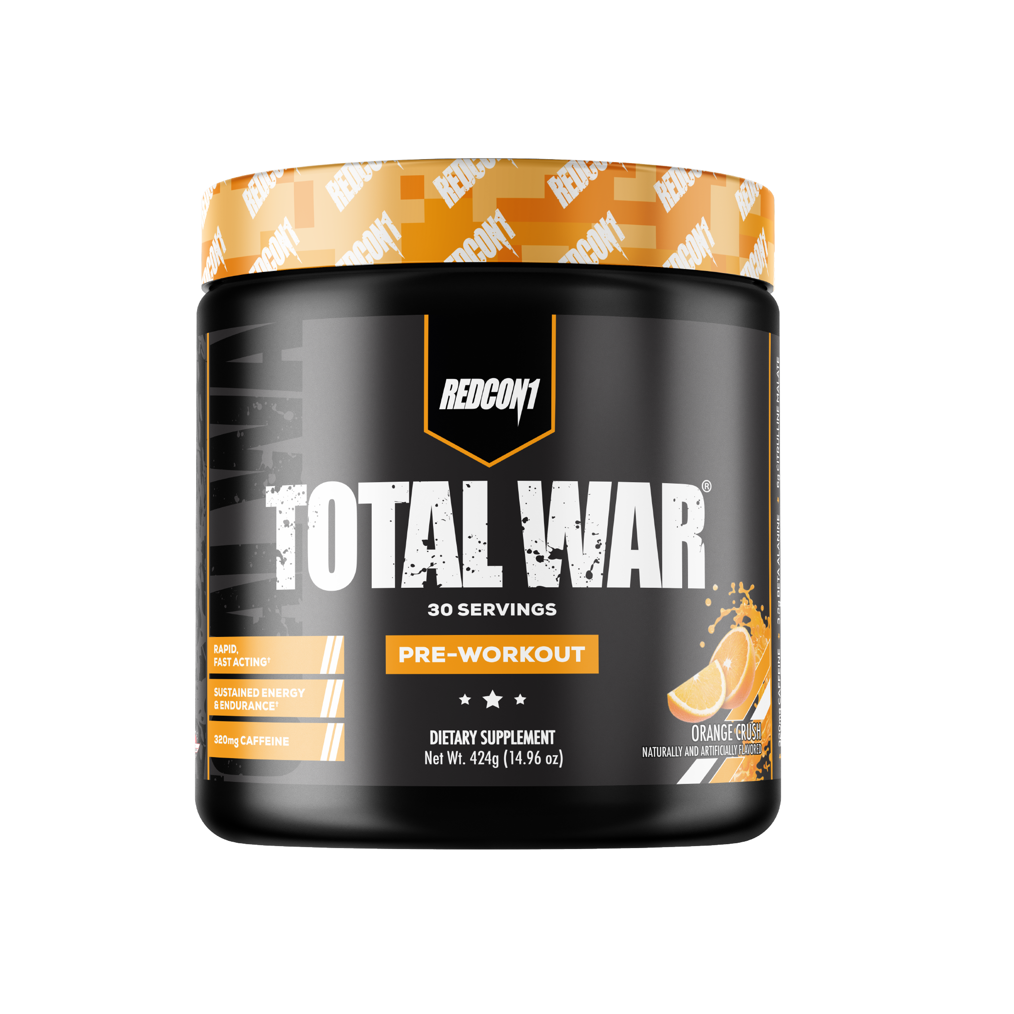 Pre-workout supplement container labeled 'Total War' by Redcon1 on a white background