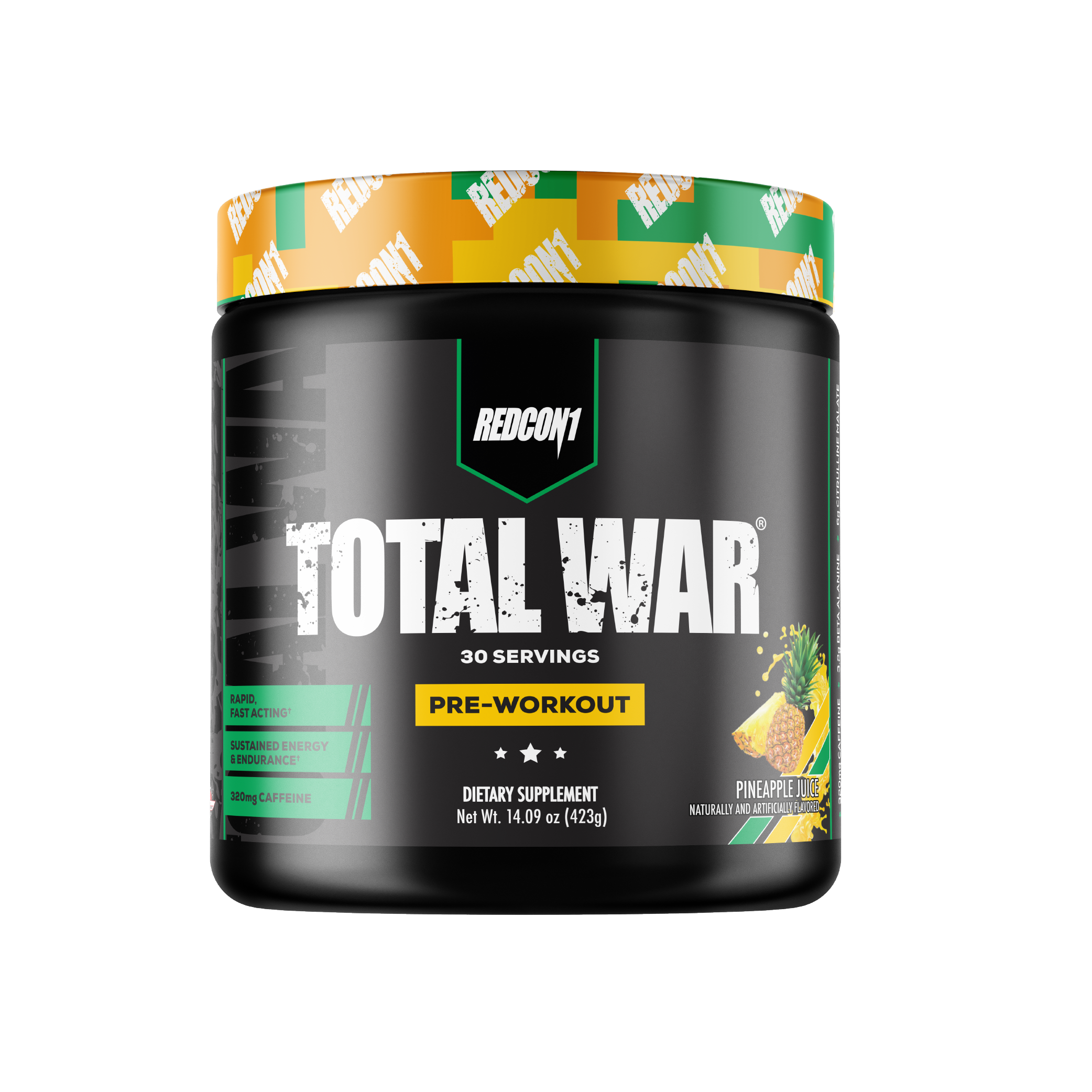 Pre-workout supplement container labeled 'Total War' by Redcon1 on a white background