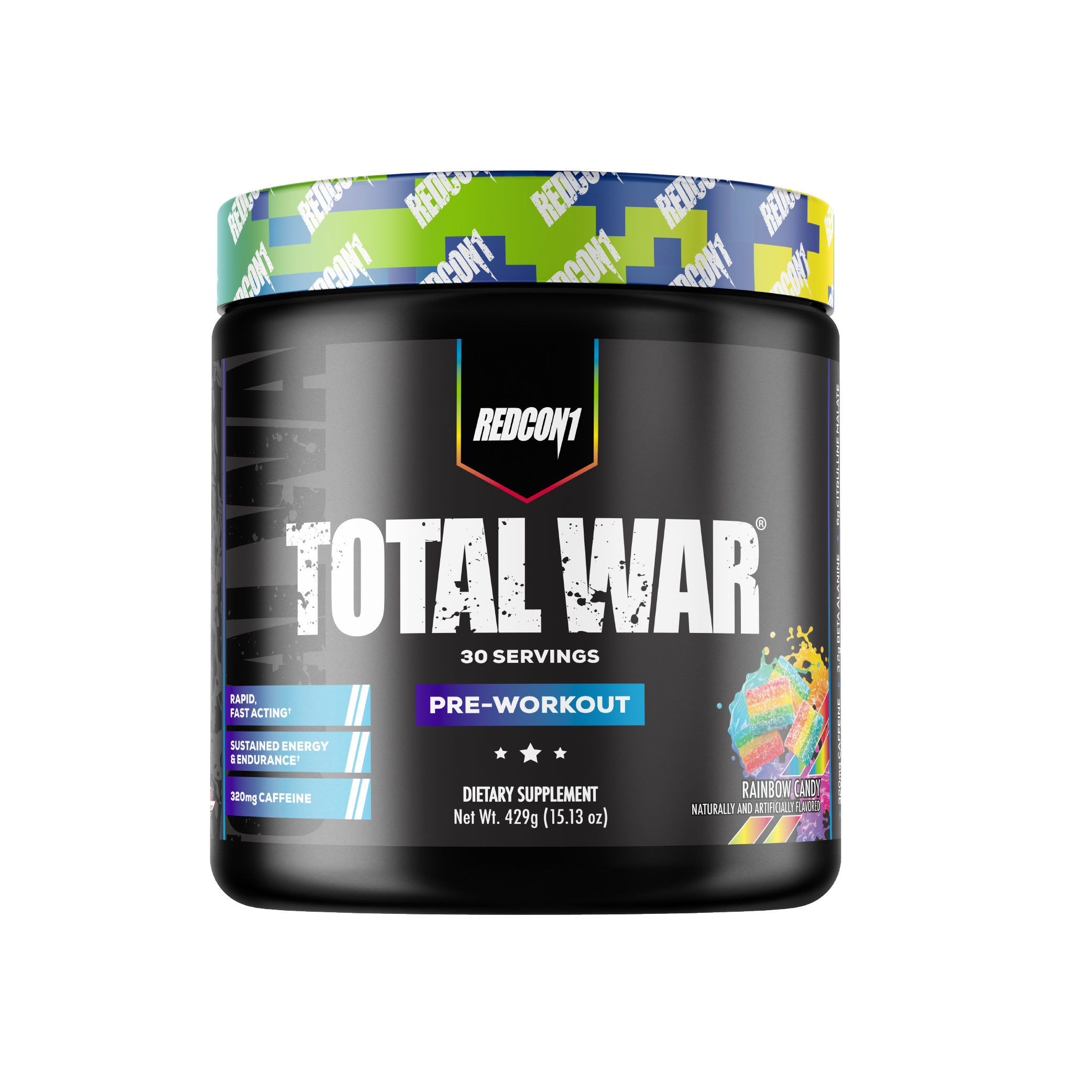 Pre-workout supplement container labeled 'Total War' by Redcon1 on a white background