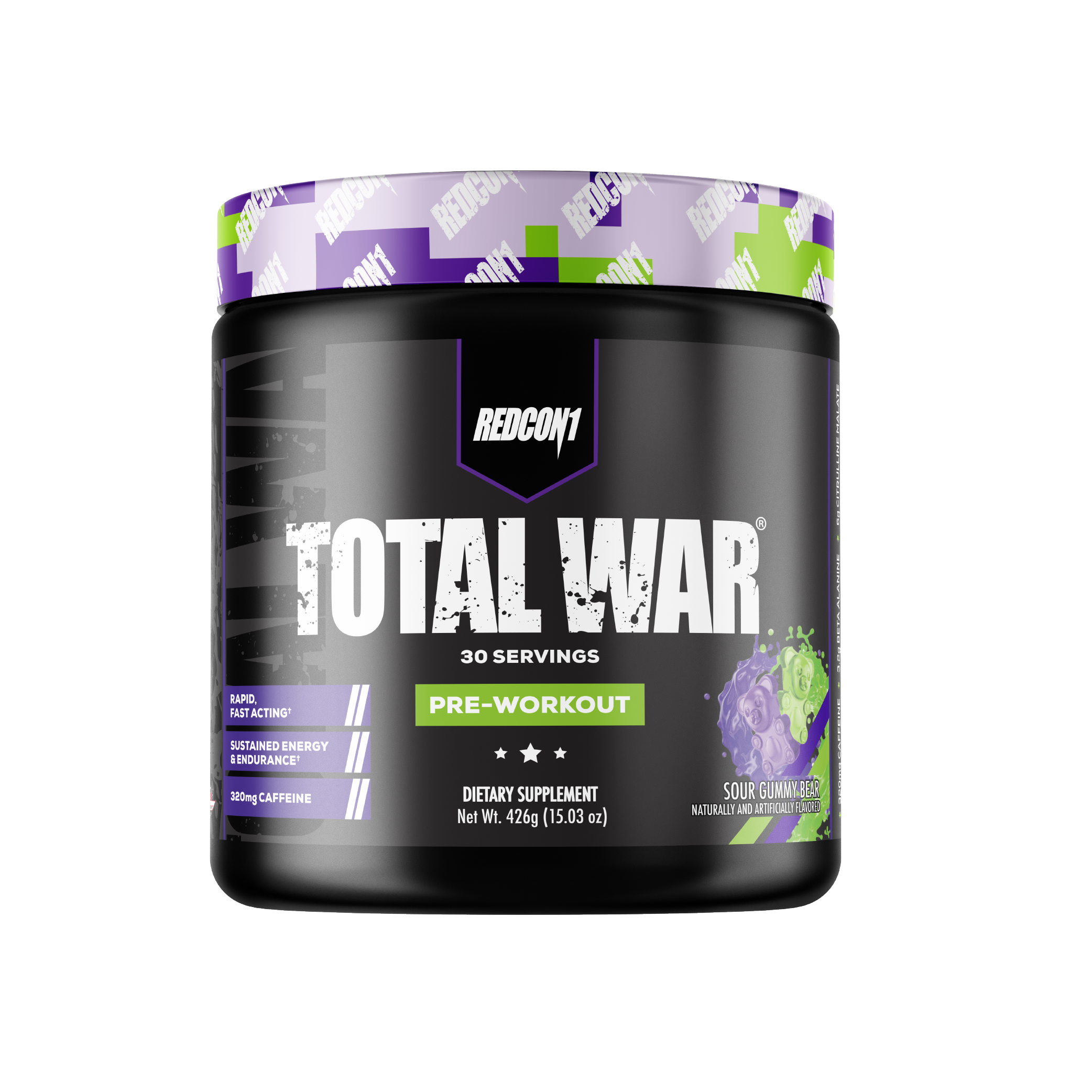 Pre-workout supplement container labeled 'Total War' by Redcon1 on a white background