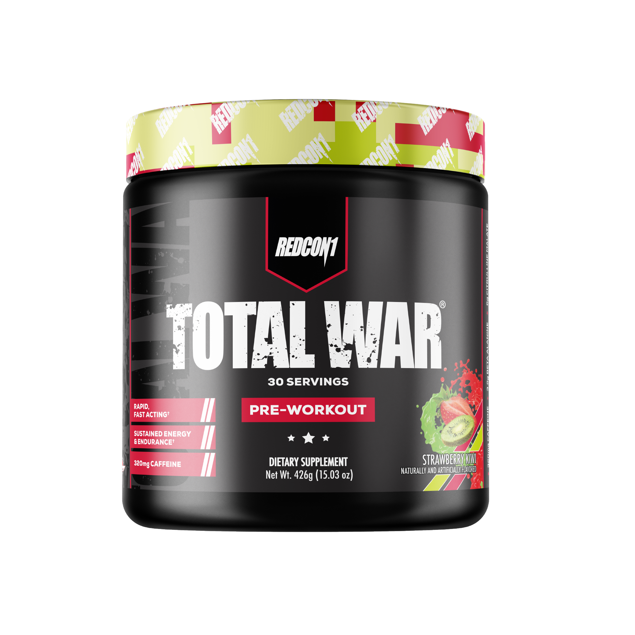 Pre-workout supplement container labeled 'Total War' by Redcon1 on a white background