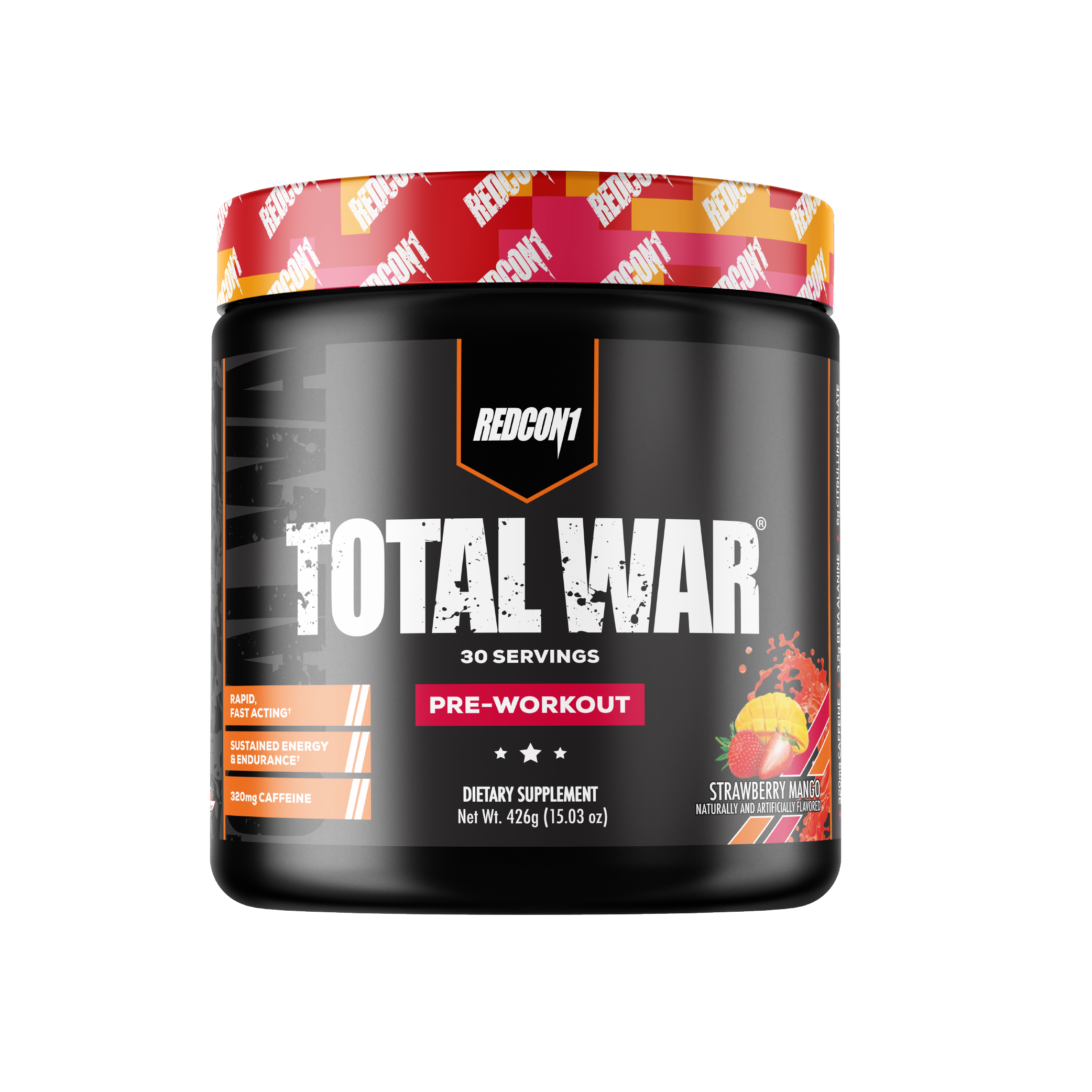 Pre-workout supplement container labeled 'Total War' by Redcon1 on a white background
