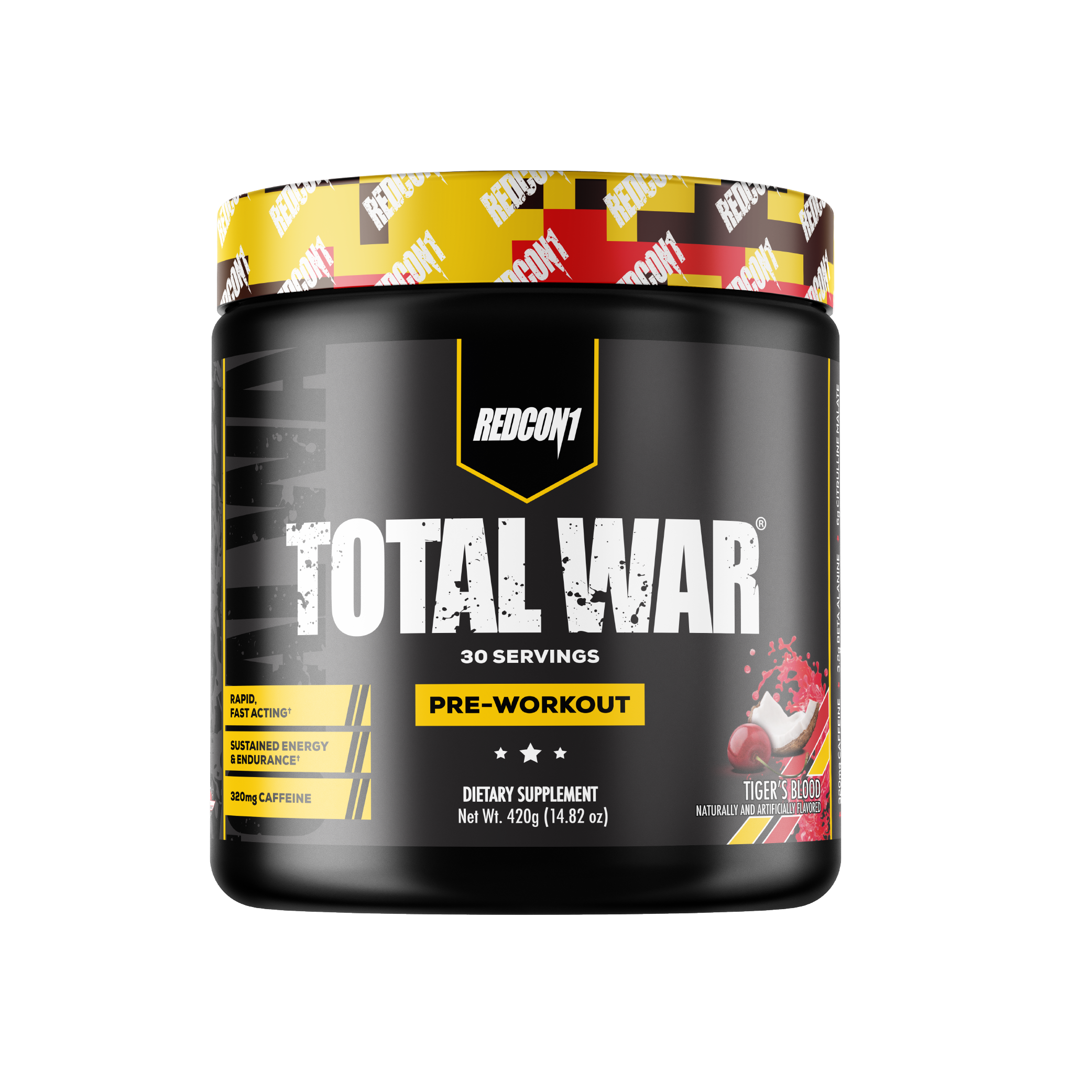 Pre-workout supplement container labeled 'Total War' by Redcon1 on a white background