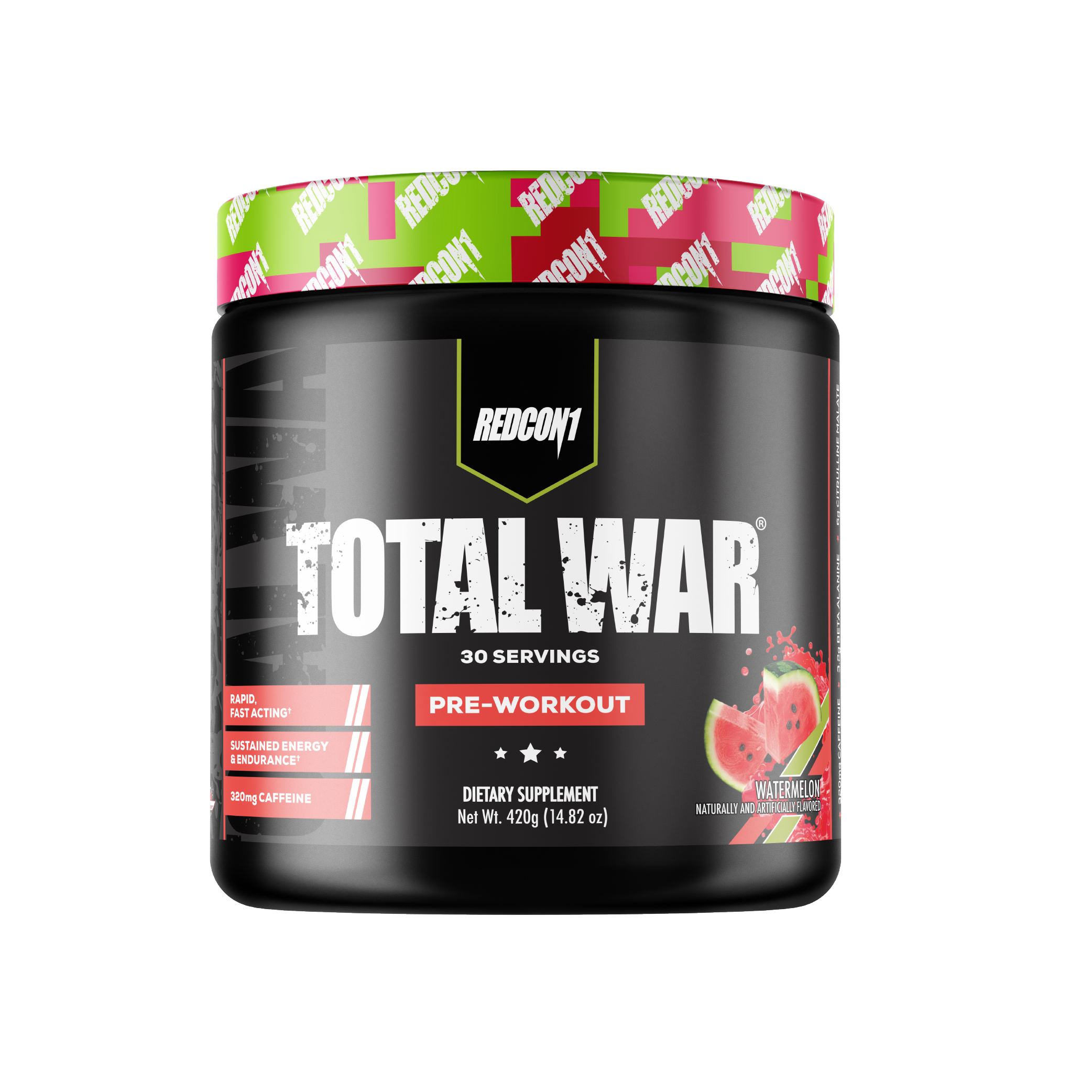 Pre-workout supplement container labeled 'Total War' by Redcon1 on a white background