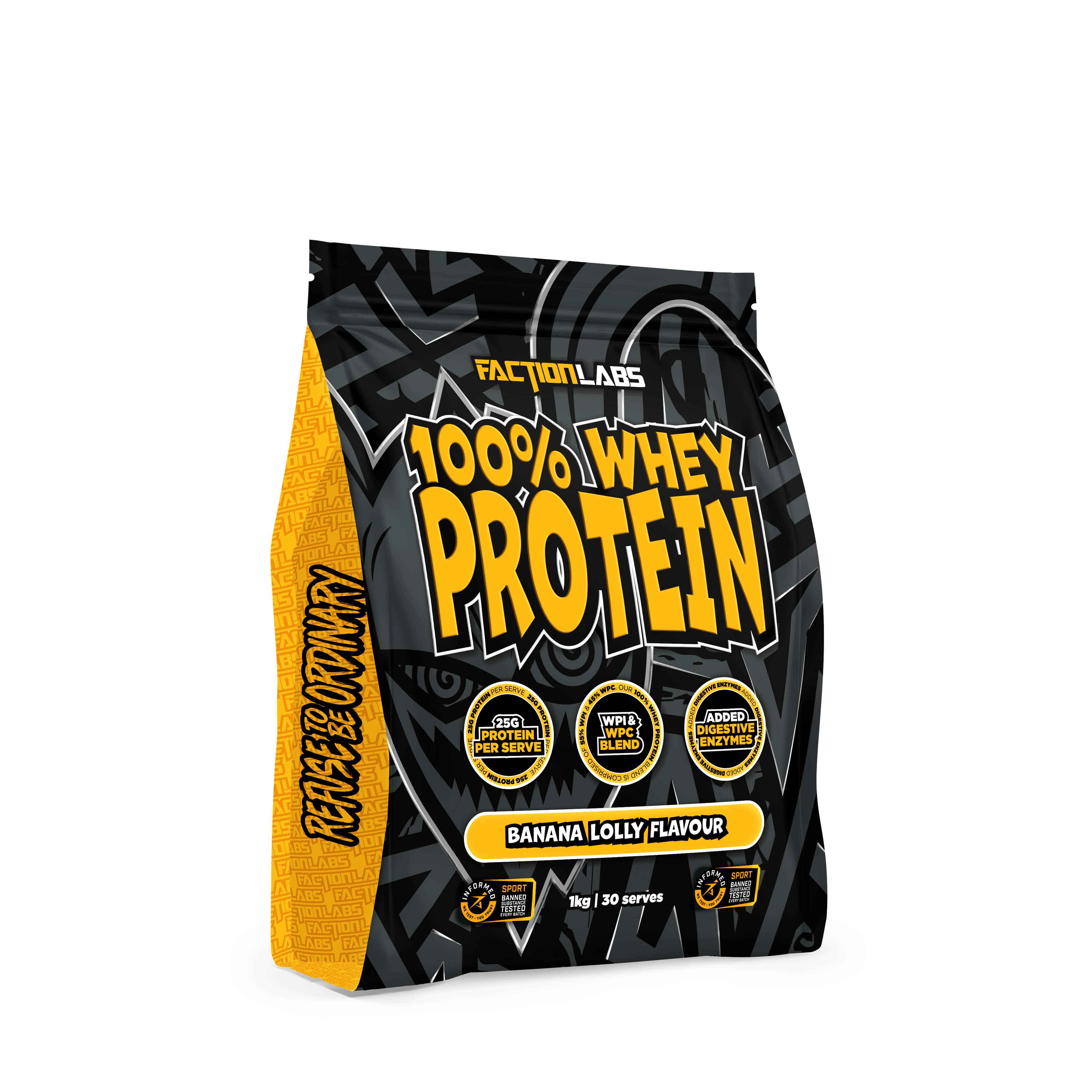 Faction Labs 100% Whey Protein package with yellow and black design on a white background