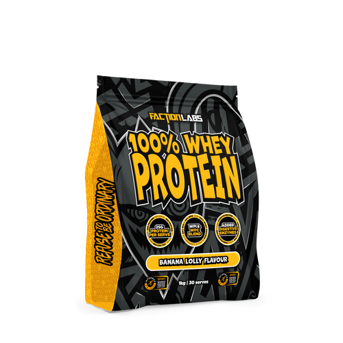 Faction Labs 100% Whey Protein package with yellow and black design on a white background