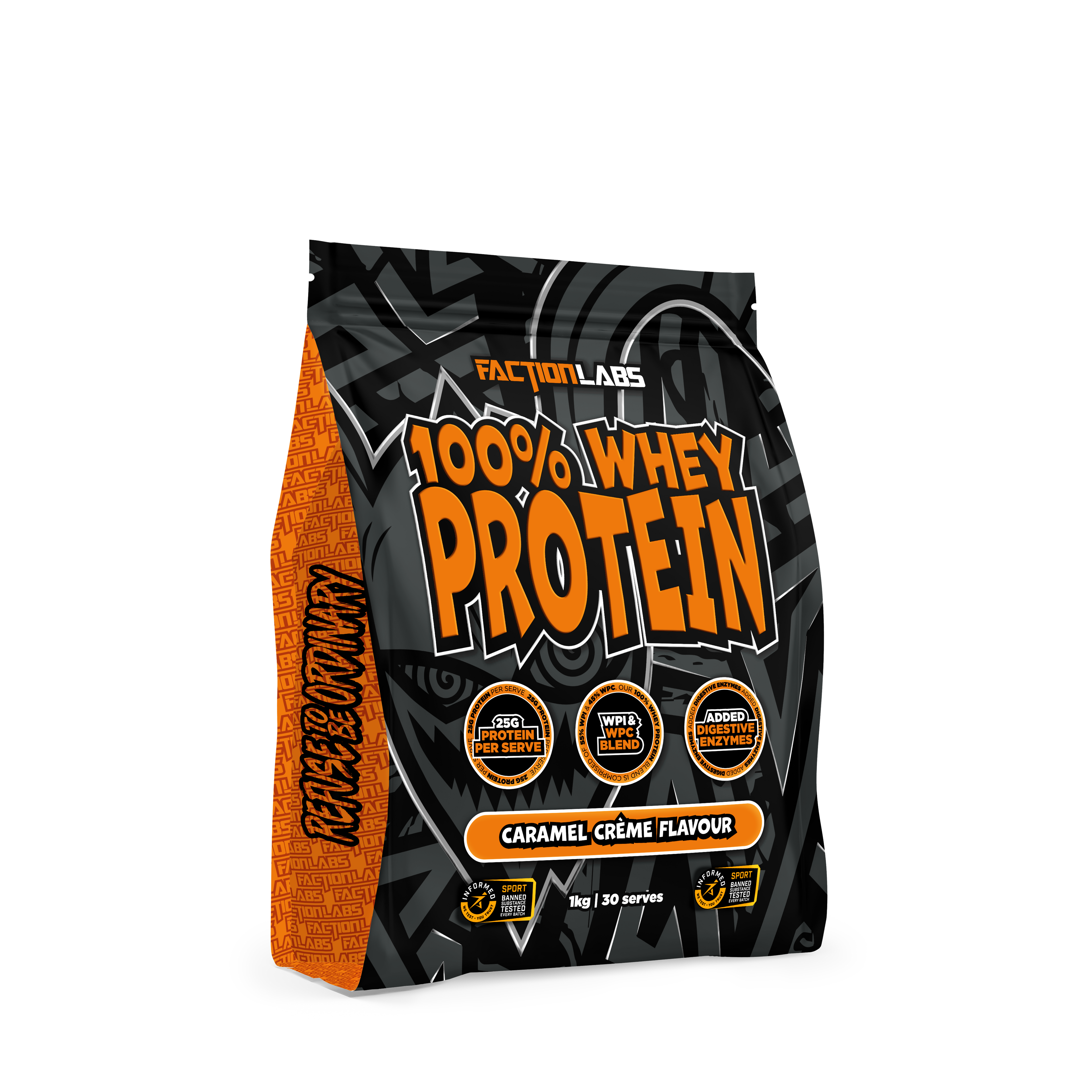 Package of Faction Labs 100% Whey Protein in caramel crème flavor on a white background