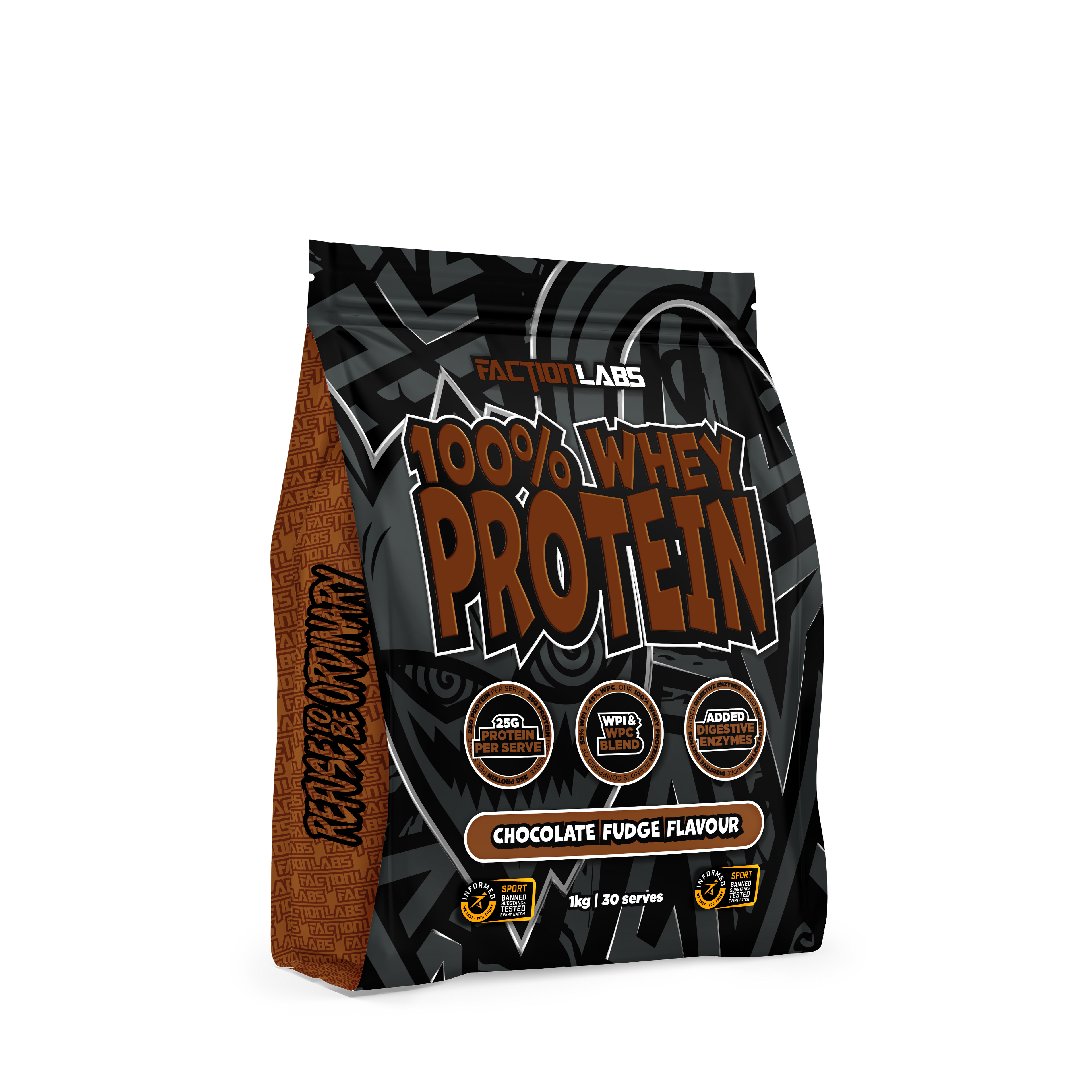 Protein powder package with '100% Whey Protein' text on a white background