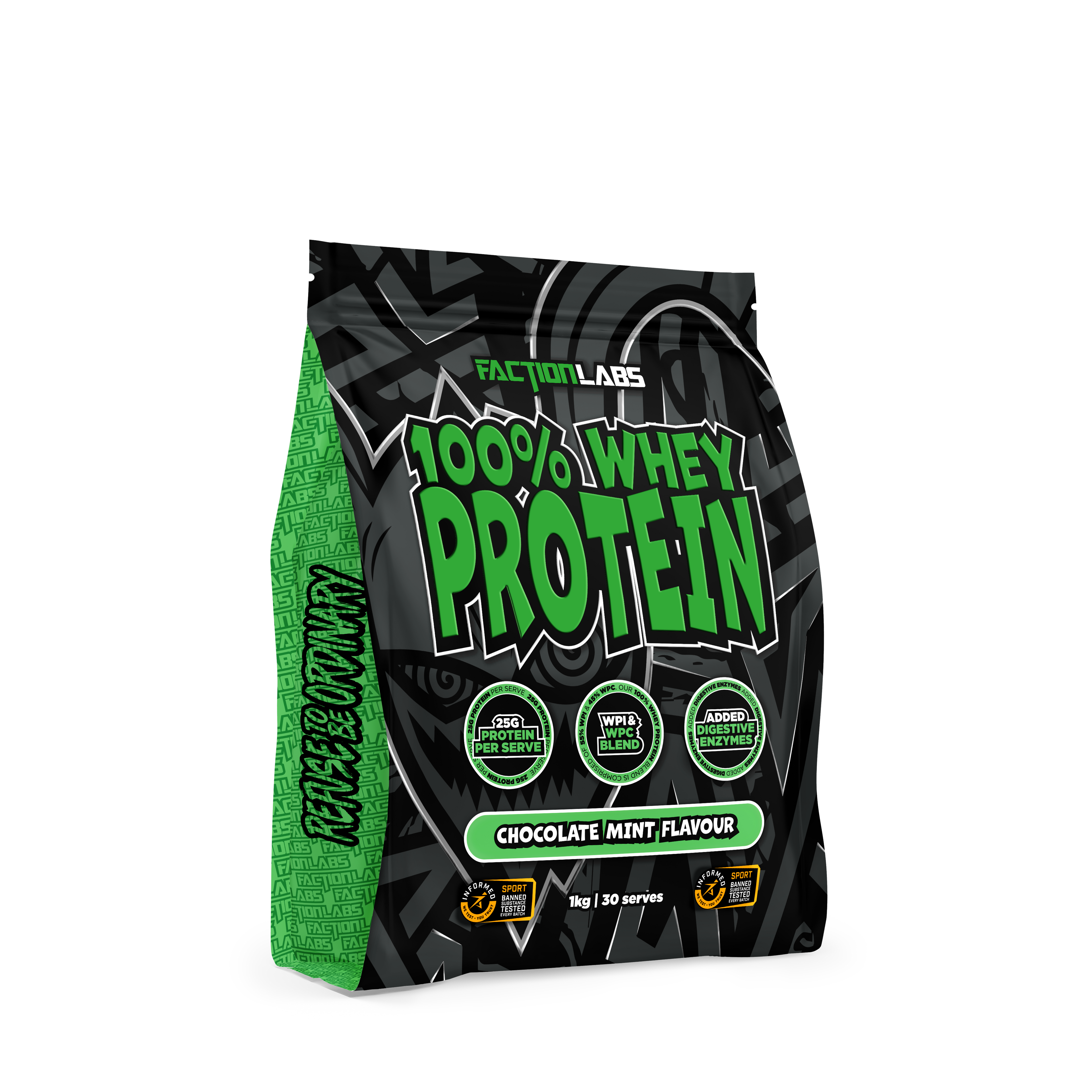 Faction Labs 100% Whey Protein package with green and black design