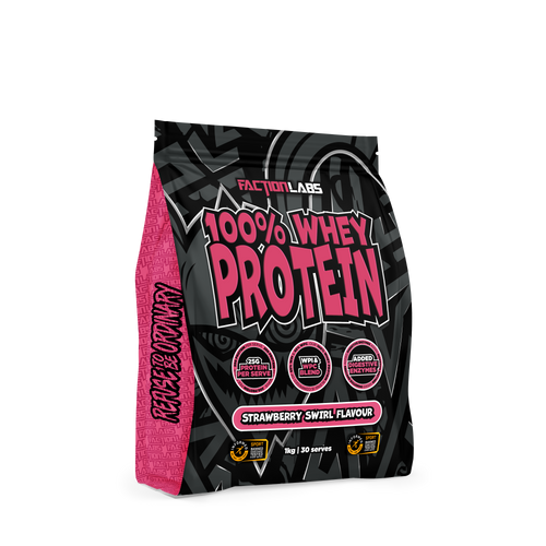 Faction Labs 100% Whey Protein package with pink and black design on a white background