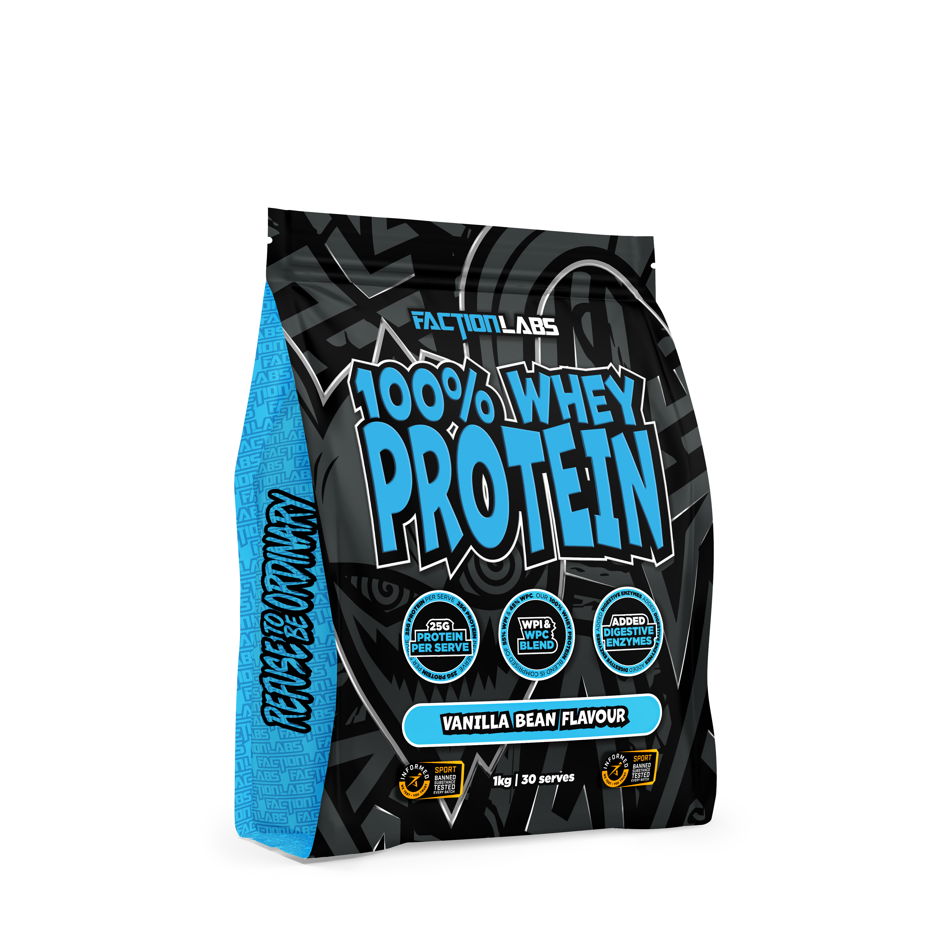 Package of Faction Labs 100% Whey Protein in vanilla bean flavor on a white background