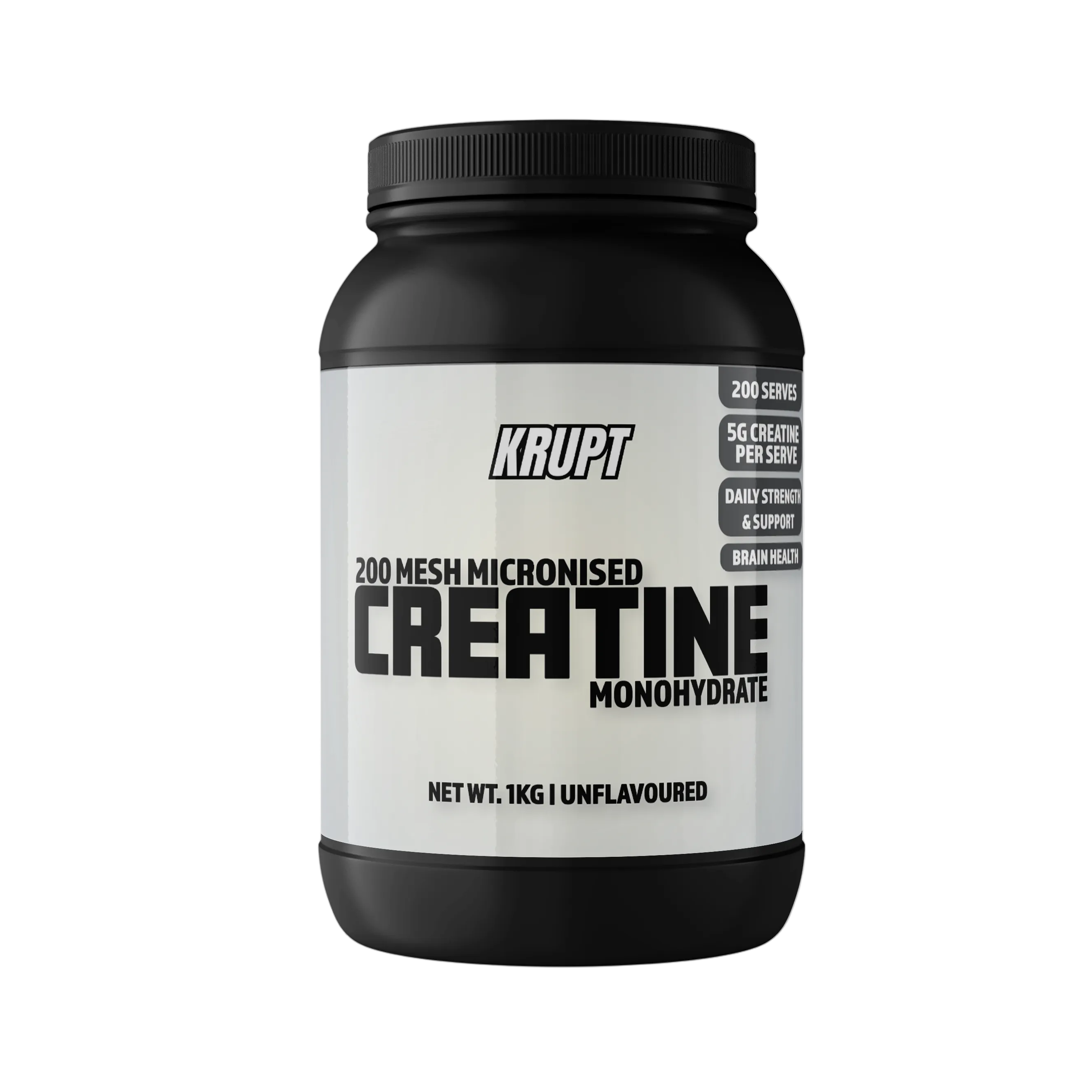 Black container of Krupt Creatine Monohydrate on a white background