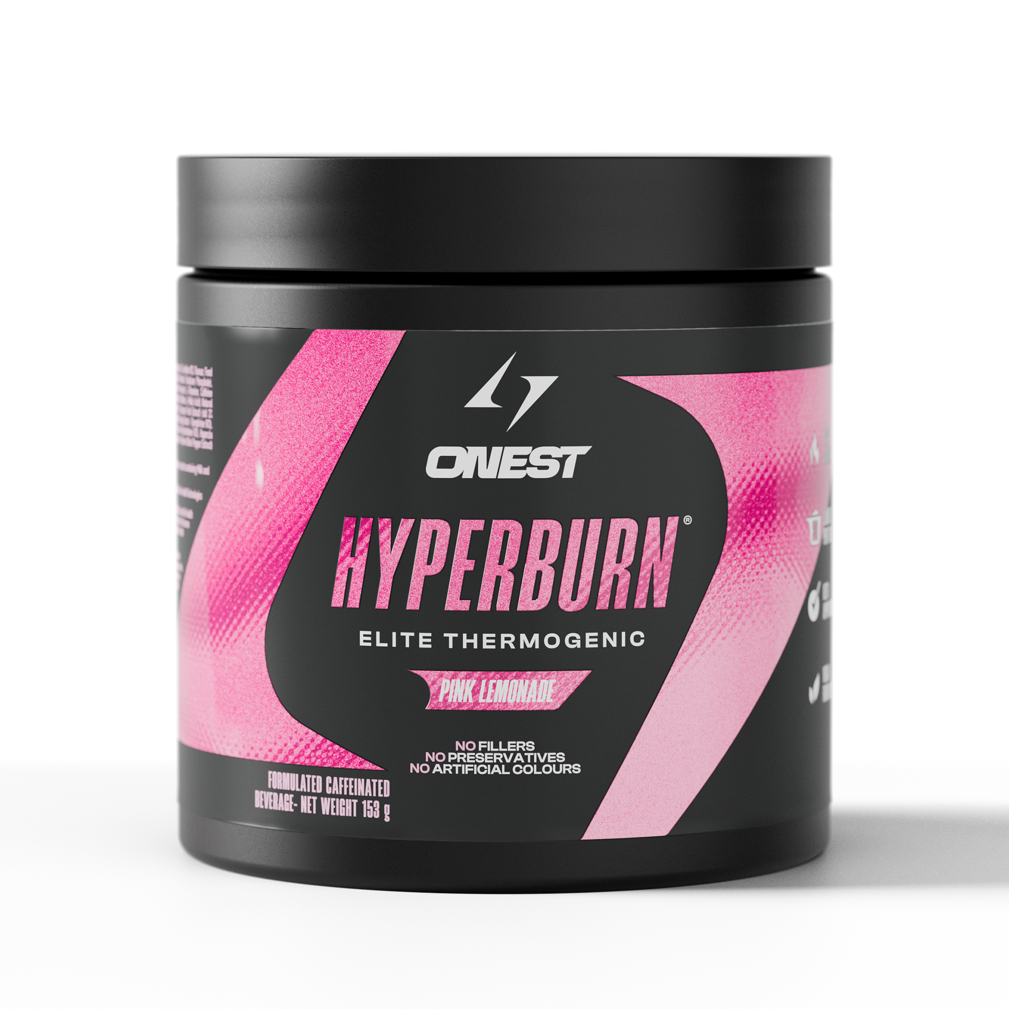 Black container of ONEST Hyperburn Elite Thermogenic with pink design on a white background