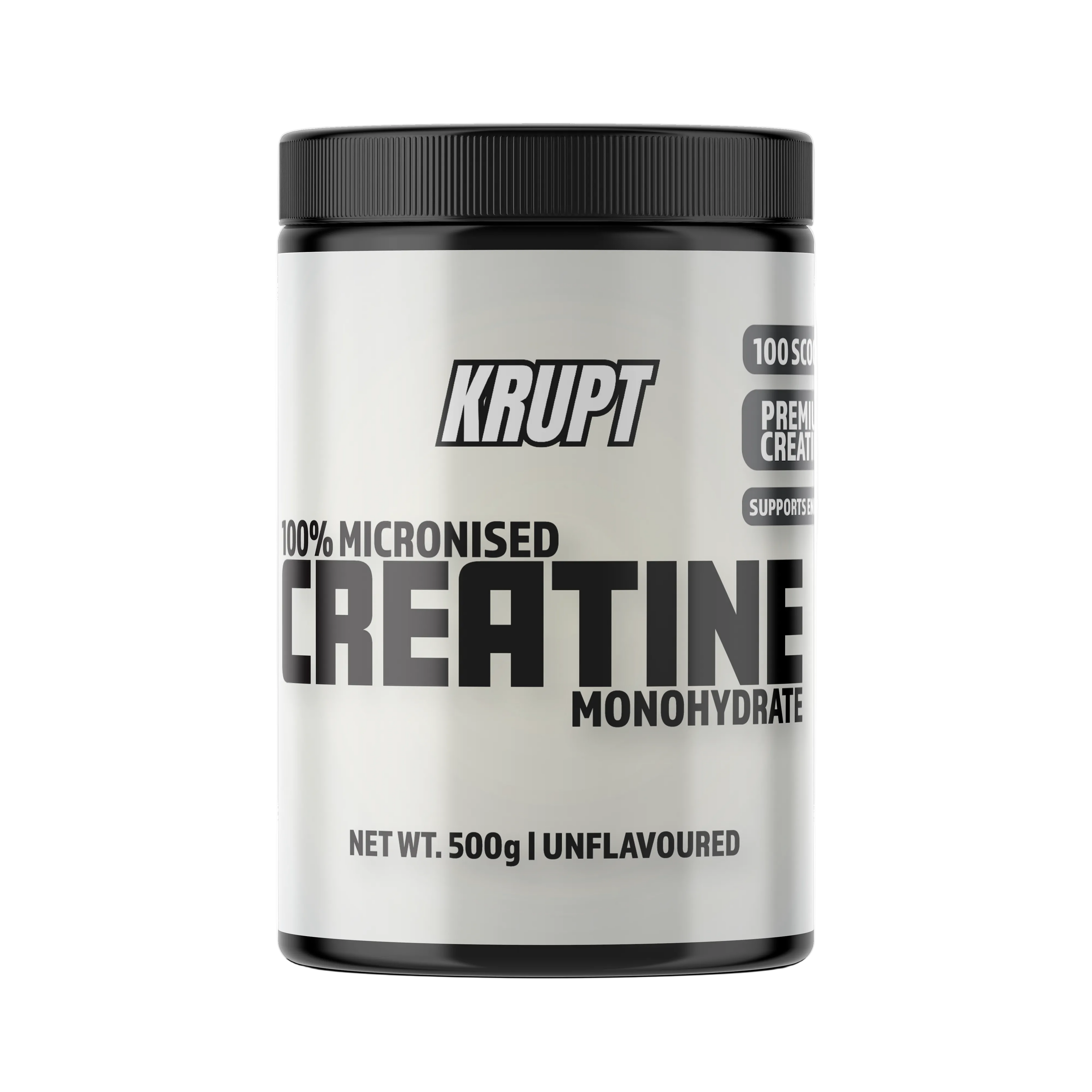 Krupt creatine monohydrate powder container on a white background