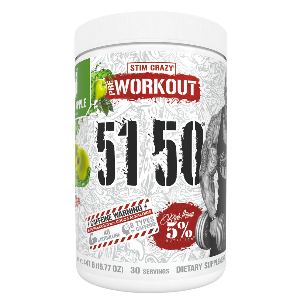 Supplement container labeled '5150' with branding and nutritional information on a white background