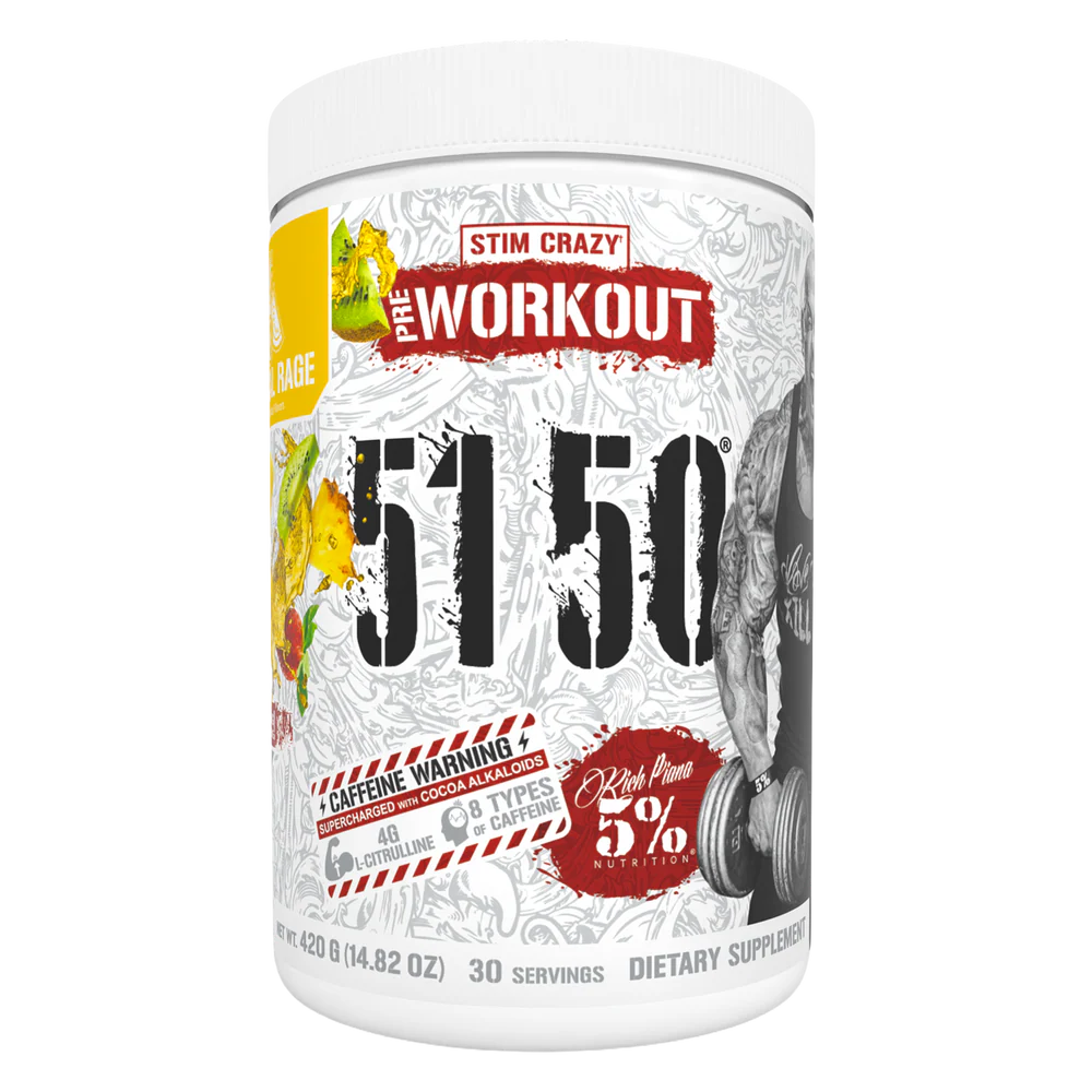 Dietary supplement container labeled 'The Workout 5150' with various graphics and text on a white background.