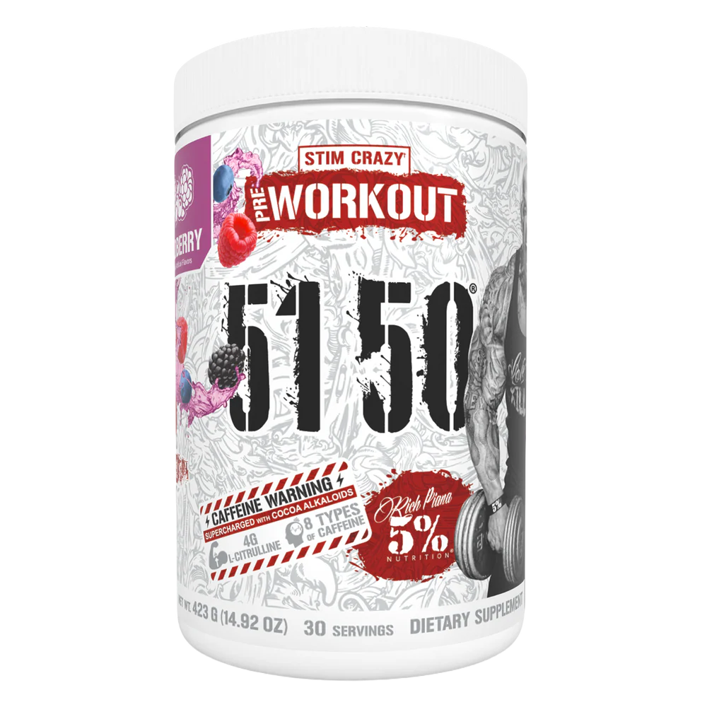 Supplement container labeled 'The Workout 5150' with various graphics and text on a white background.