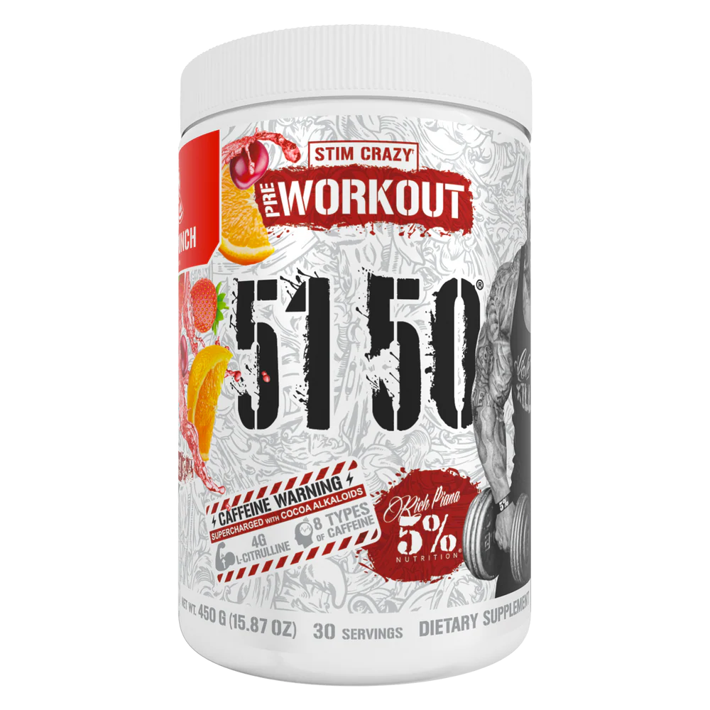 Pre-workout supplement container with 'Stim Crazy' branding on a white background