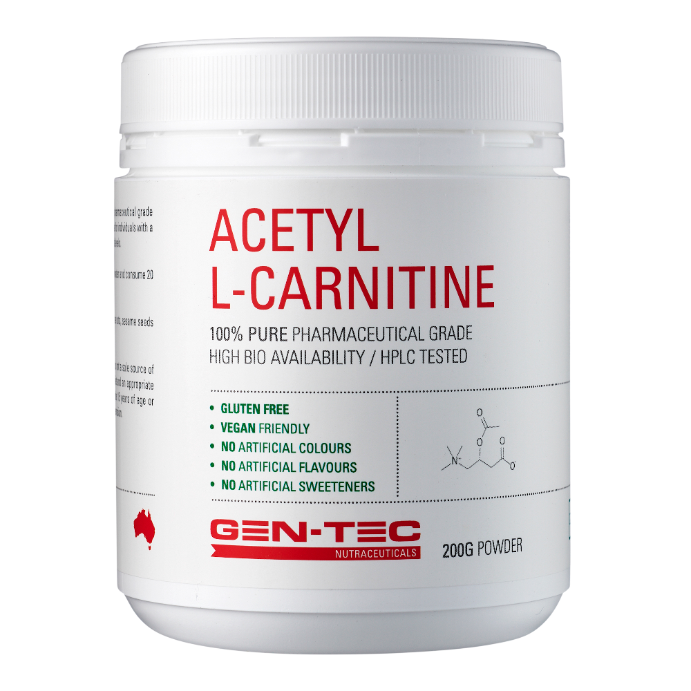 Container of Acetyl L-Carnitine powder with Gen-Tec branding on a white background
