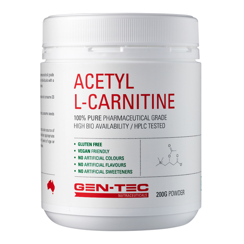 Container of Acetyl L-Carnitine powder with Gen-Tec branding on a white background
