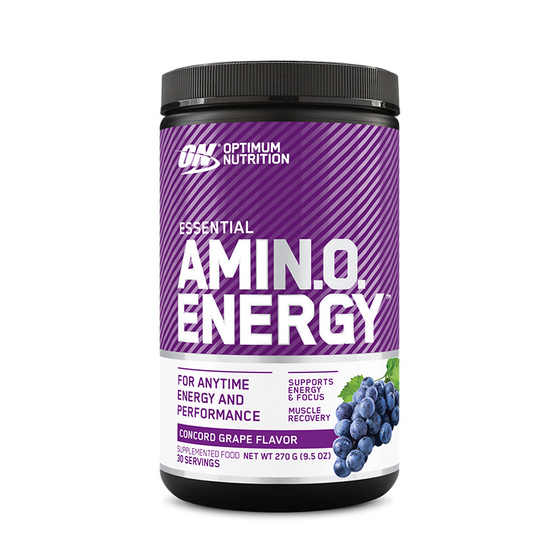 Optimum Nutrition Amin.O. Energy supplement container with purple and white design on a white background