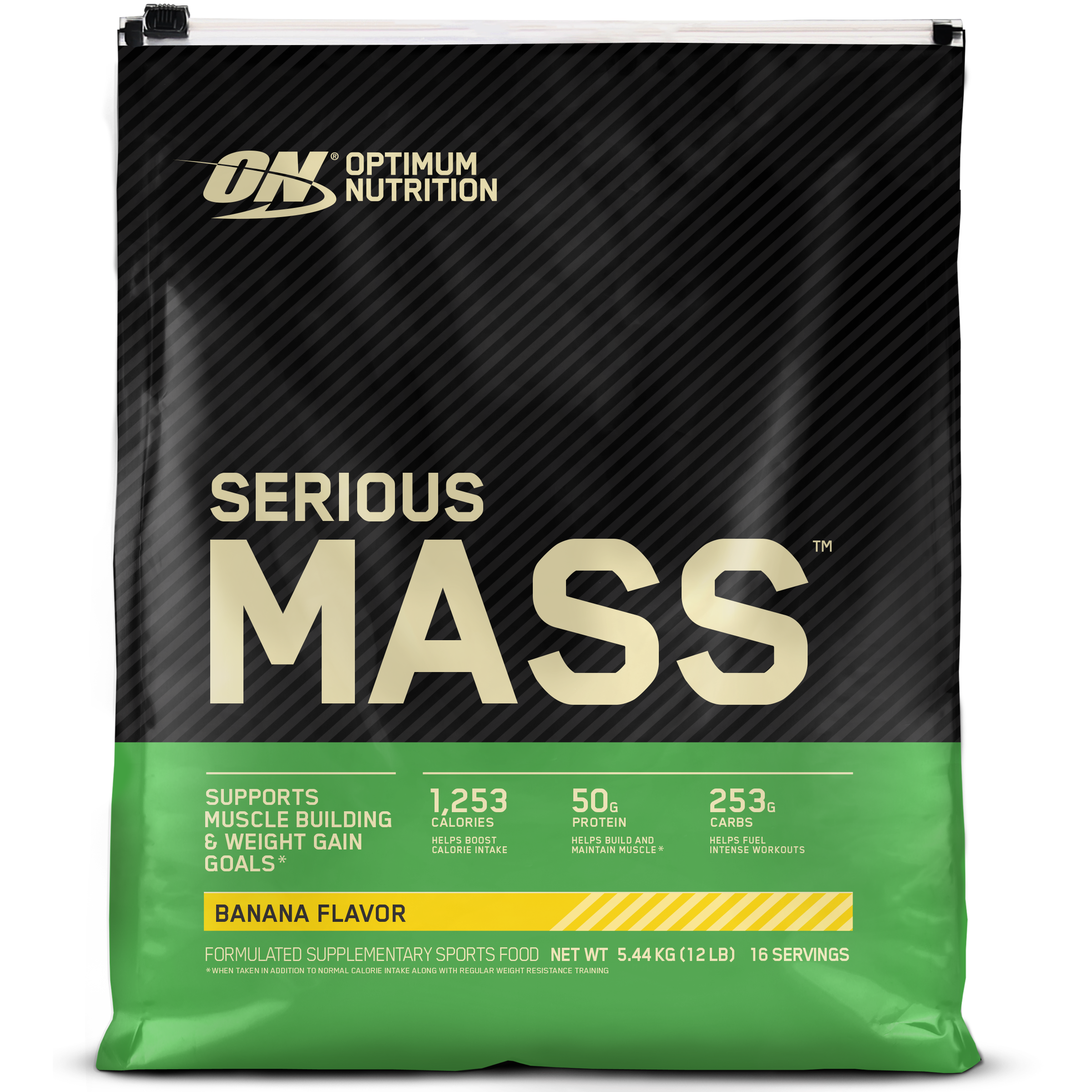 Optimum Nutrition Serious Mass supplement package on a white background