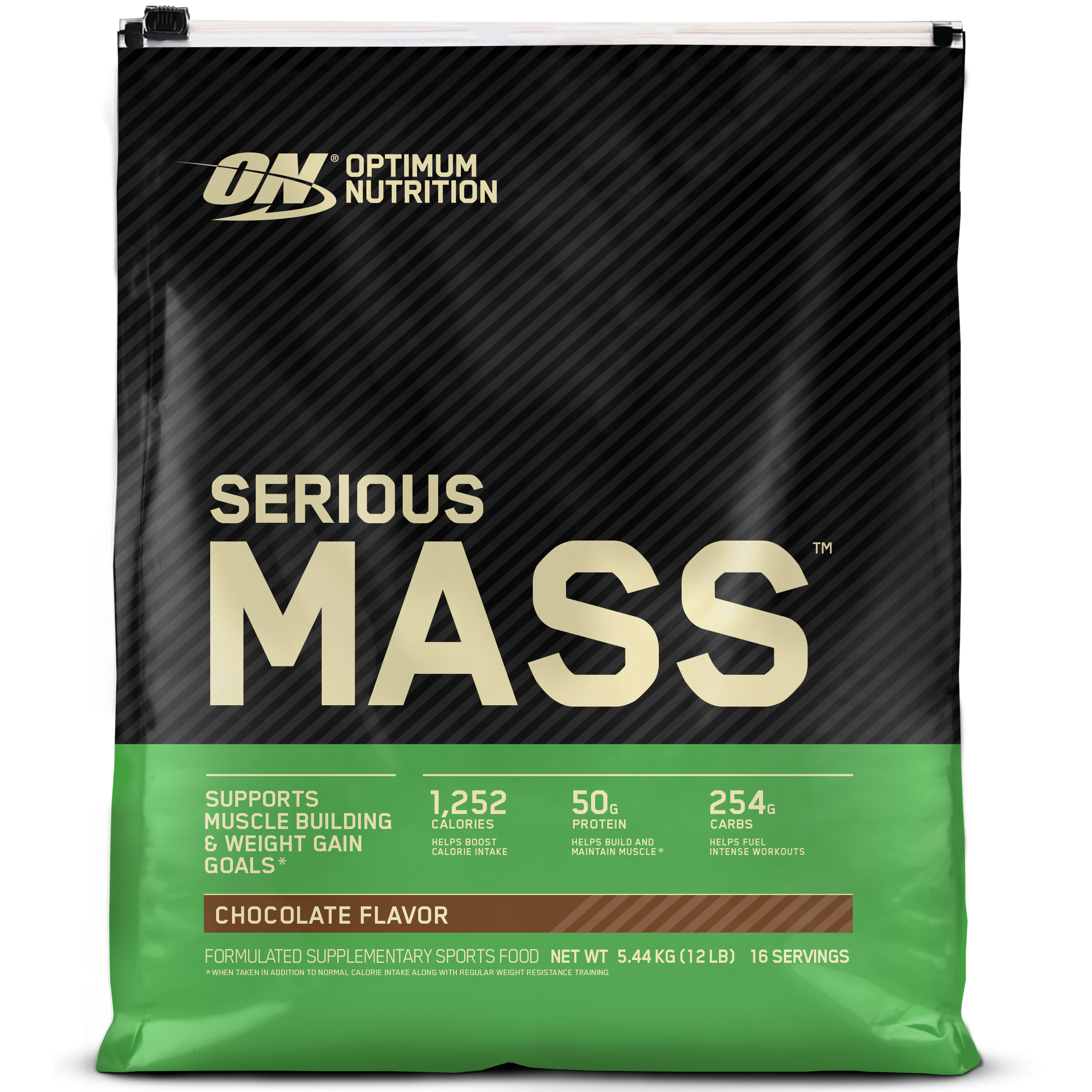 Optimum Nutrition Serious Mass supplement package on a black background