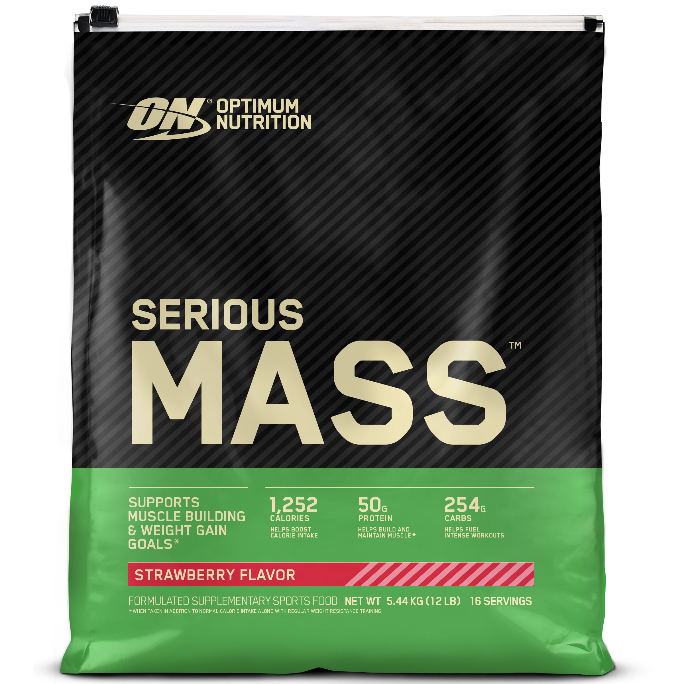 Optimum Nutrition Serious Mass supplement package on a black background