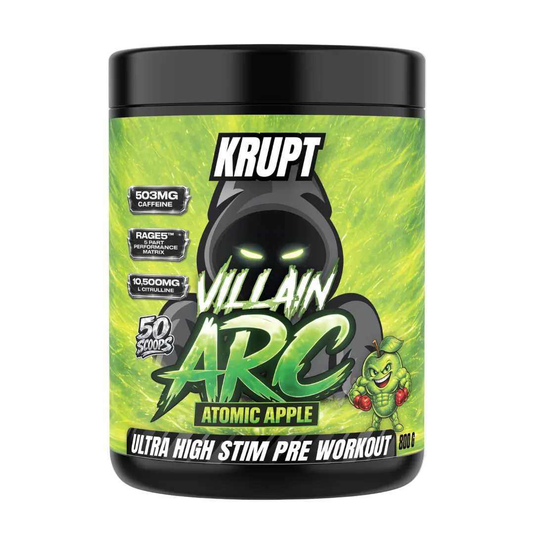 Krupt Villain Arc pre-workout supplement container with green and black design.