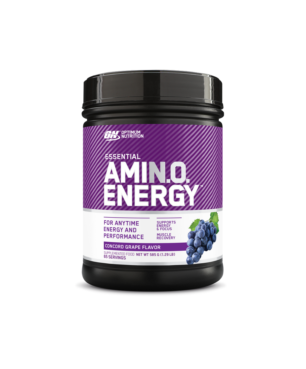 Optimum Nutrition Amin.O Energy supplement container with purple label on a white background