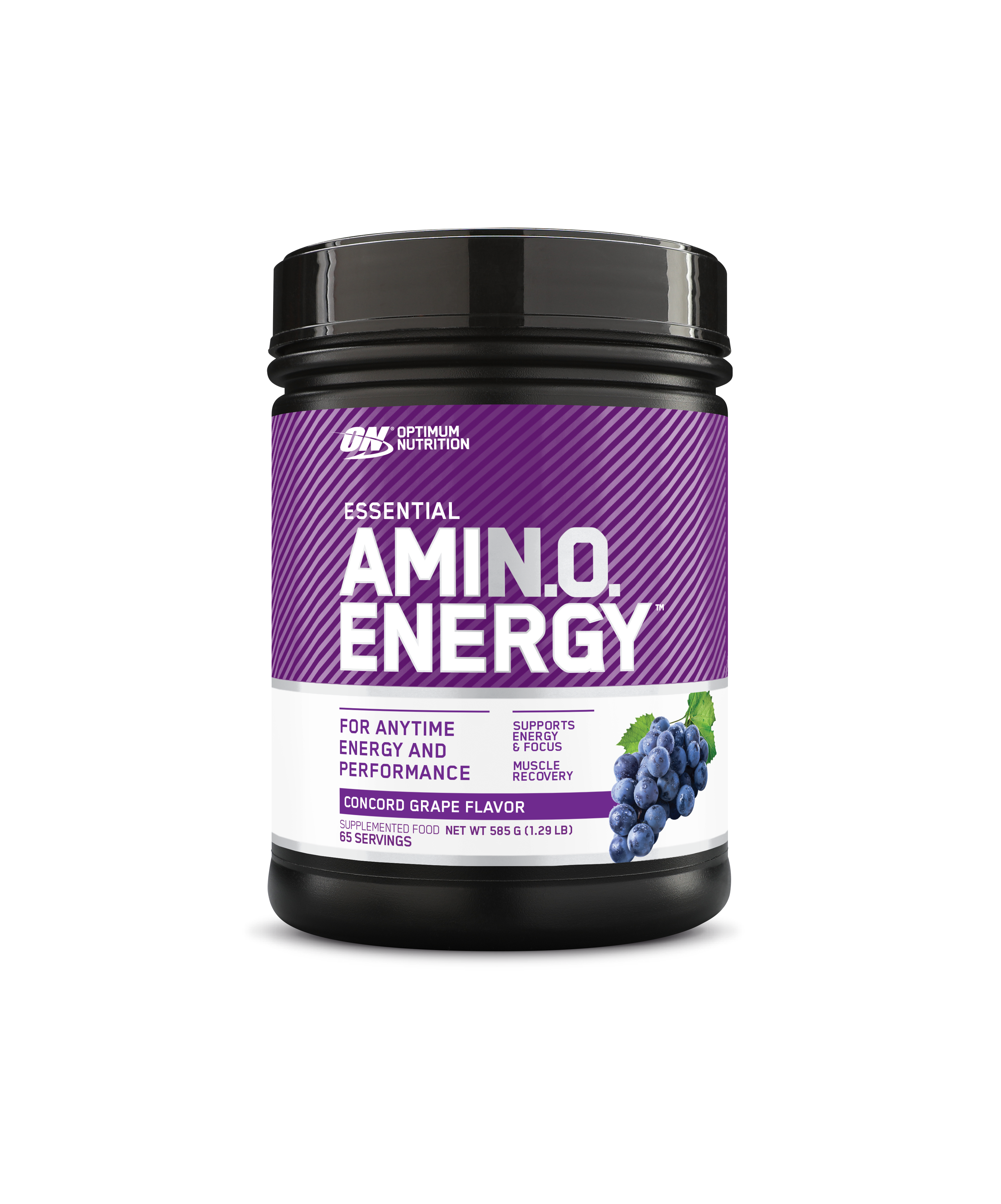 Optimum Nutrition Amin.O Energy supplement container with purple label on a white background