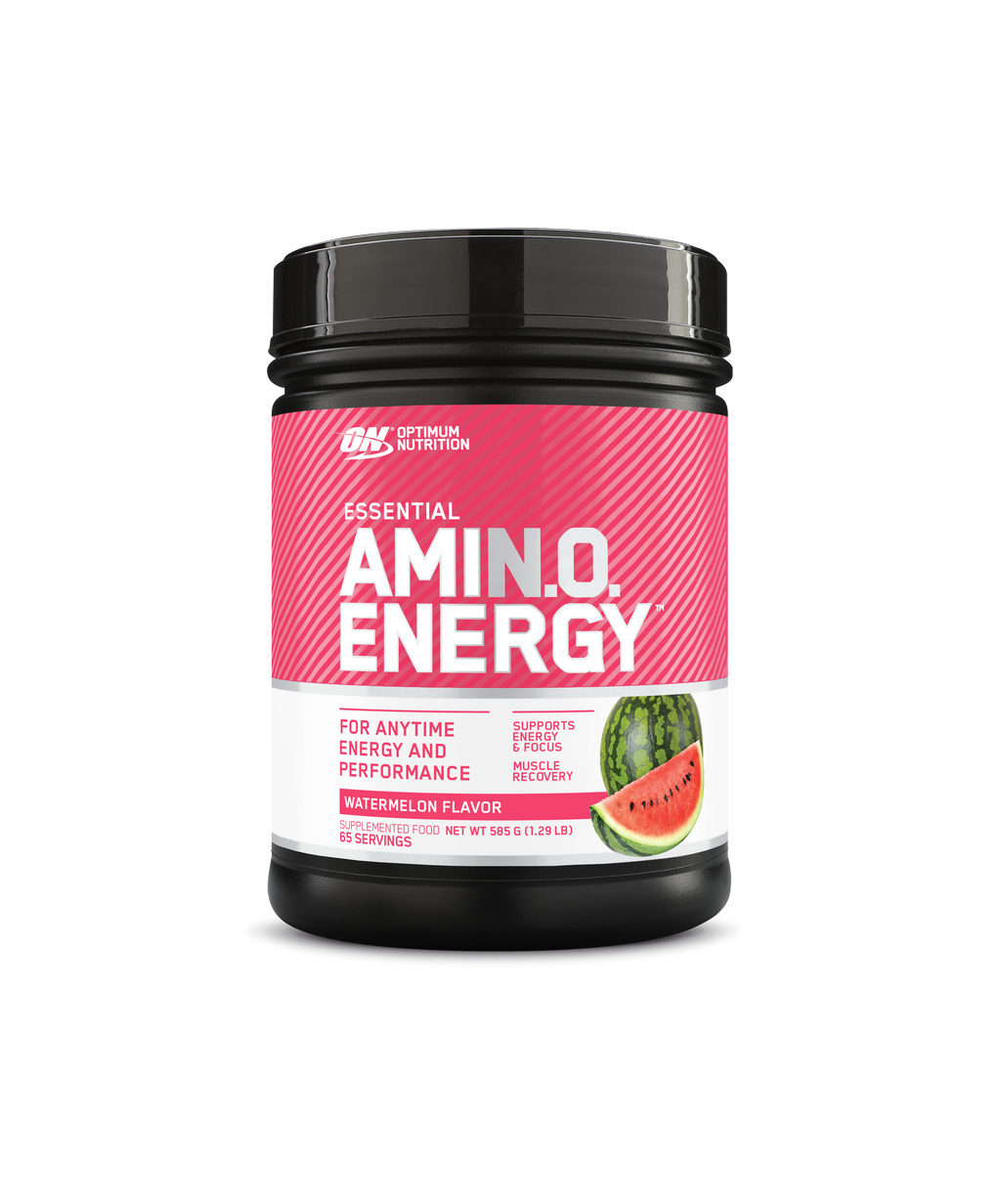 Optimum Nutrition Amin.O Energy supplement container with watermelon flavor on a white background
