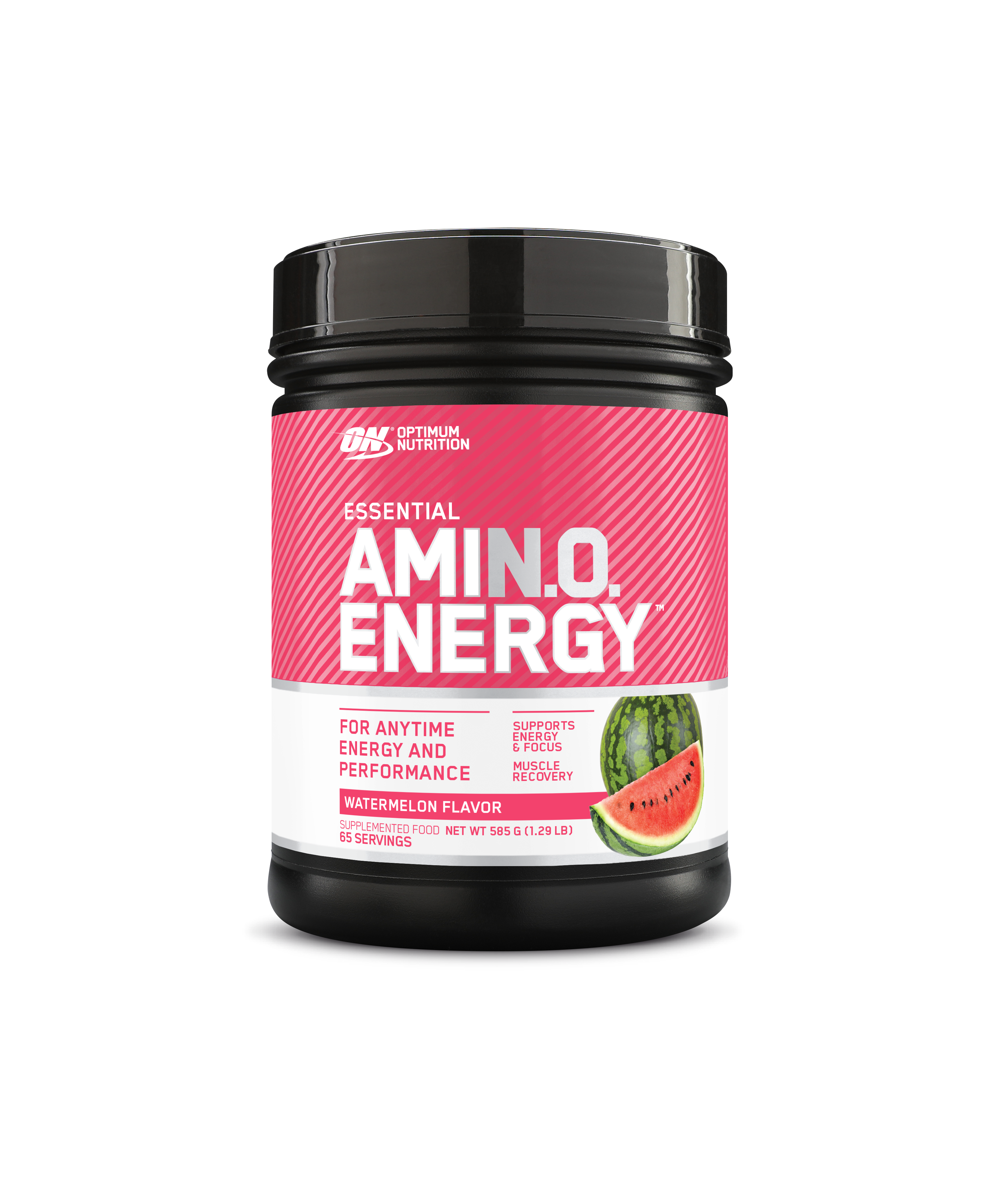 Optimum Nutrition Amin.O Energy supplement container with watermelon flavor on a white background
