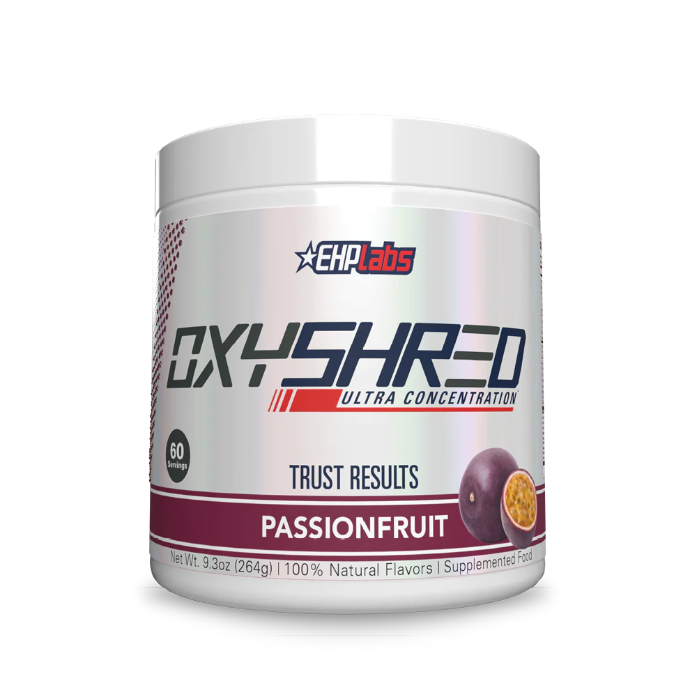 OxyShred supplement container with EHP Labs branding on a white background
