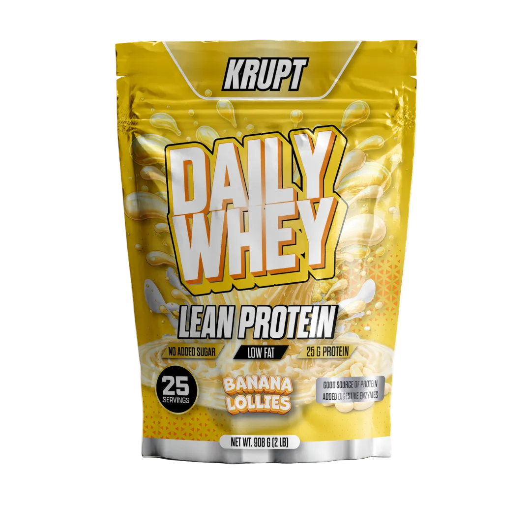 Krupt Daily Whey Lean Protein package with banana lollies flavor on a white background