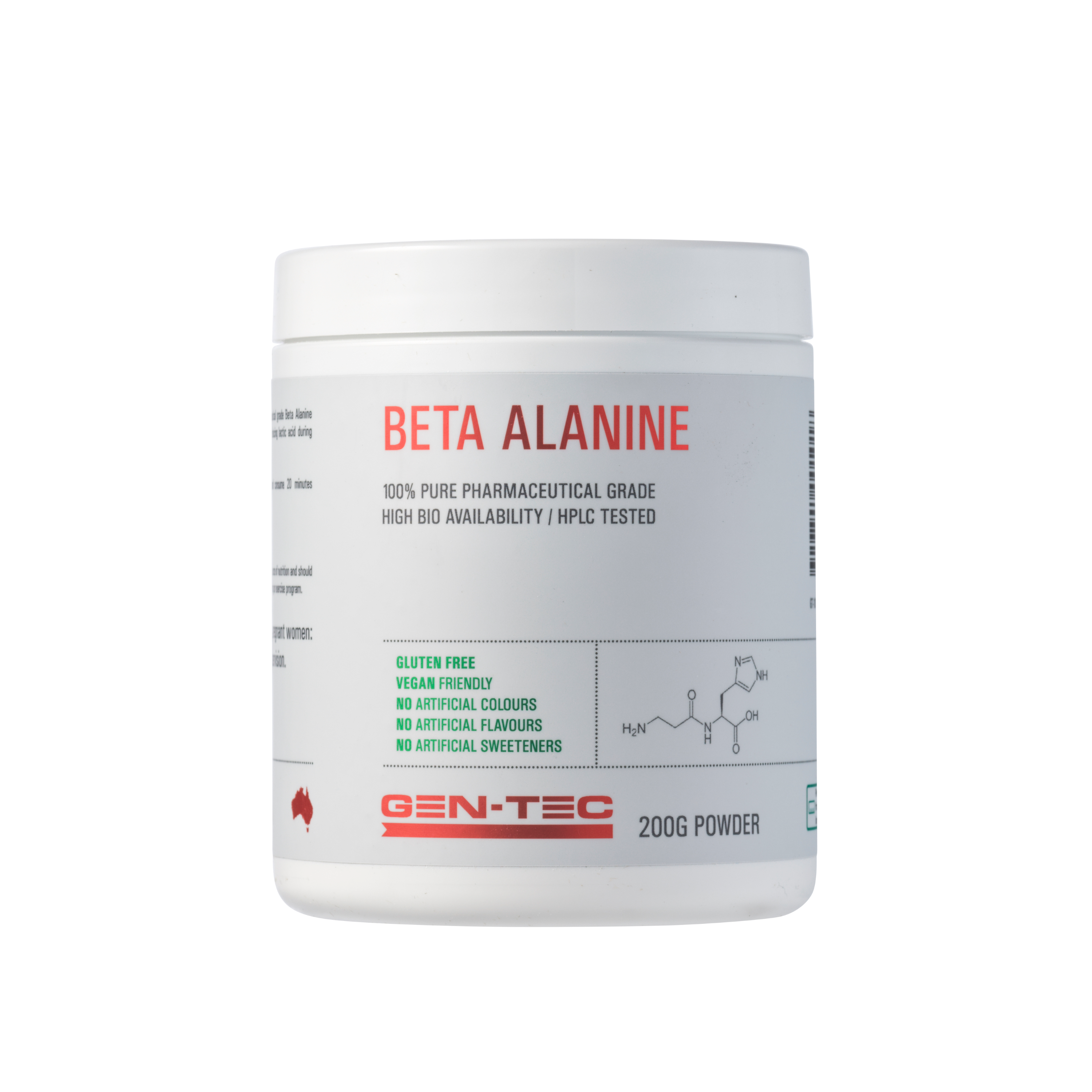 Container of Gen-Tec Beta Alanine powder on a white background