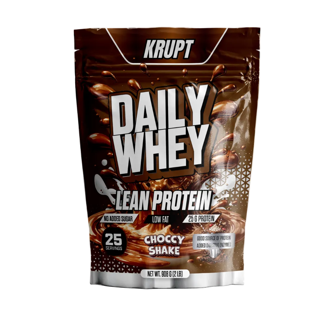 Krupt Daily Whey Lean Protein package with chocolate flavor on a white background