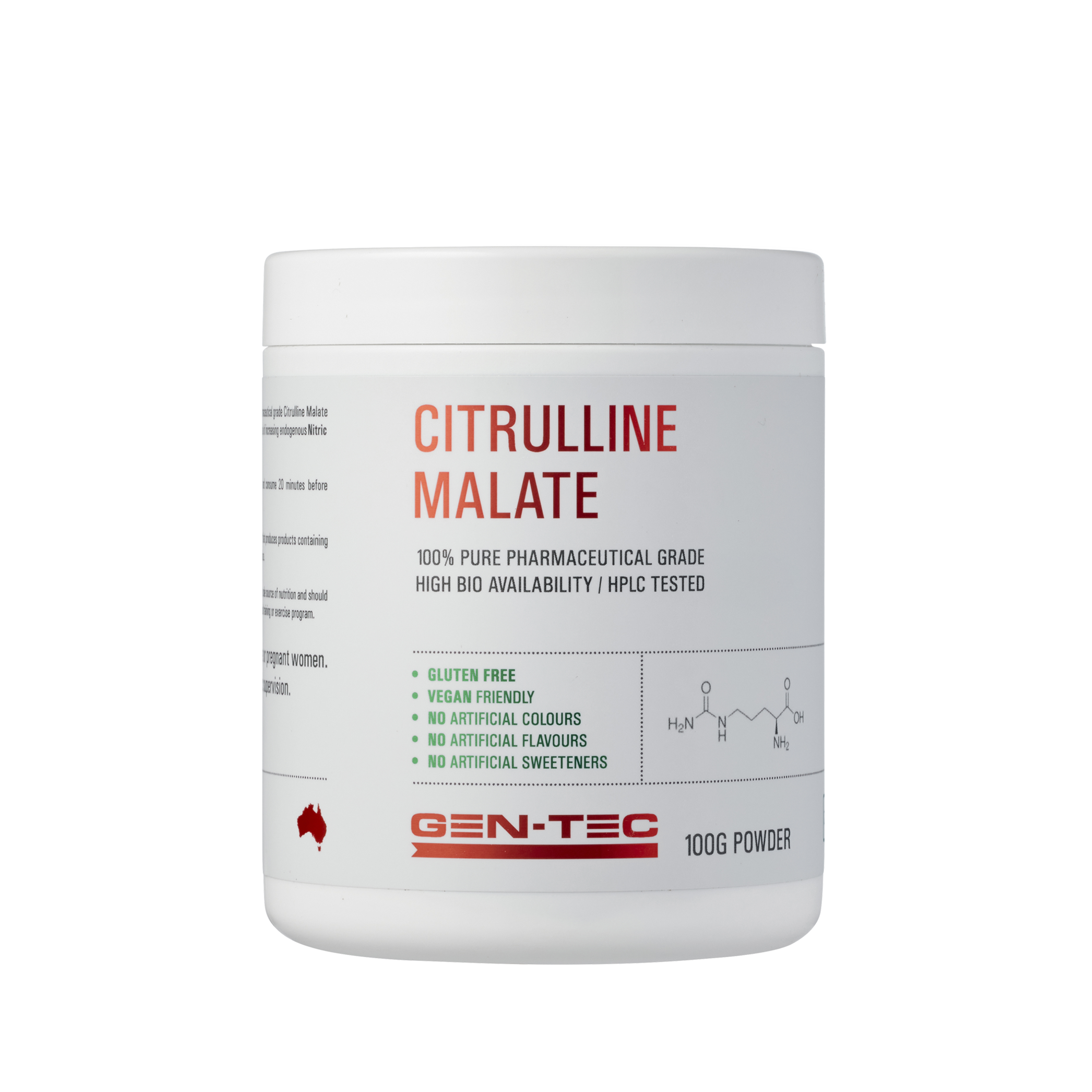 Container of Citrulline Malate powder with Gen-Tec branding on a white background