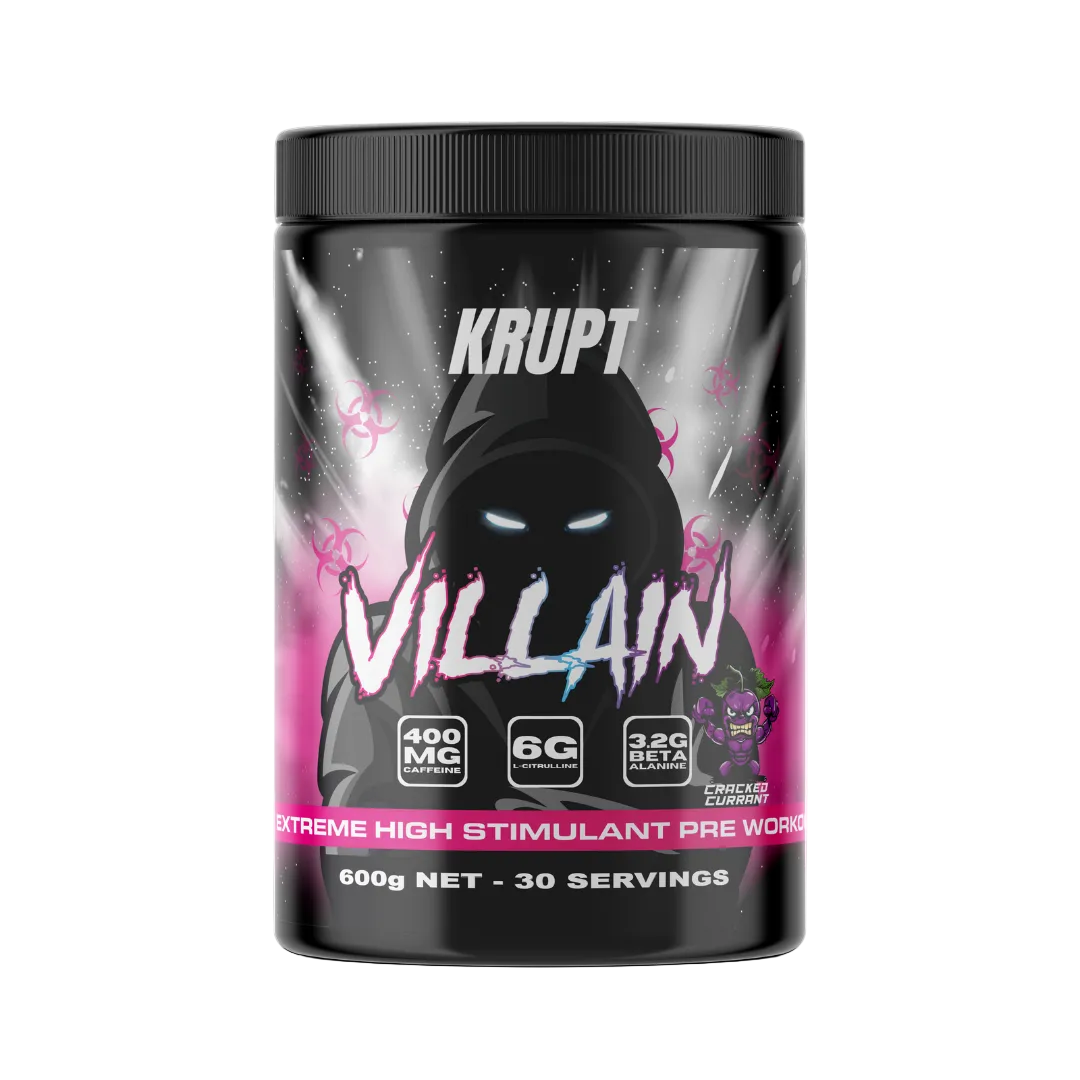 Krupt Villain pre-workout supplement container with black lid on a white background