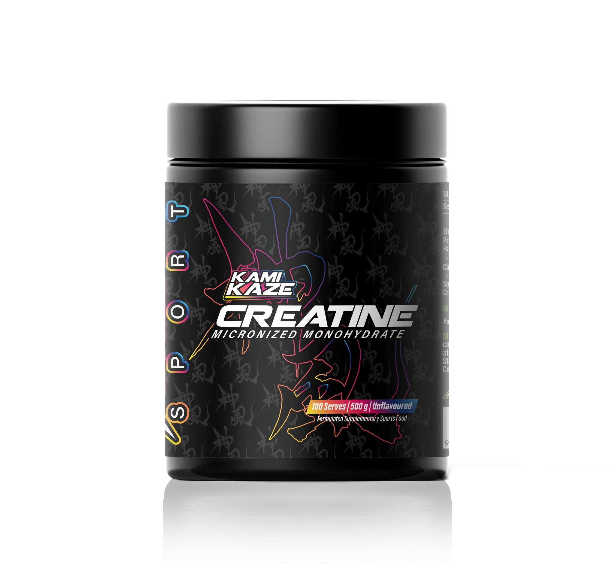 Black container of Kami Kaze Creatine on a white background