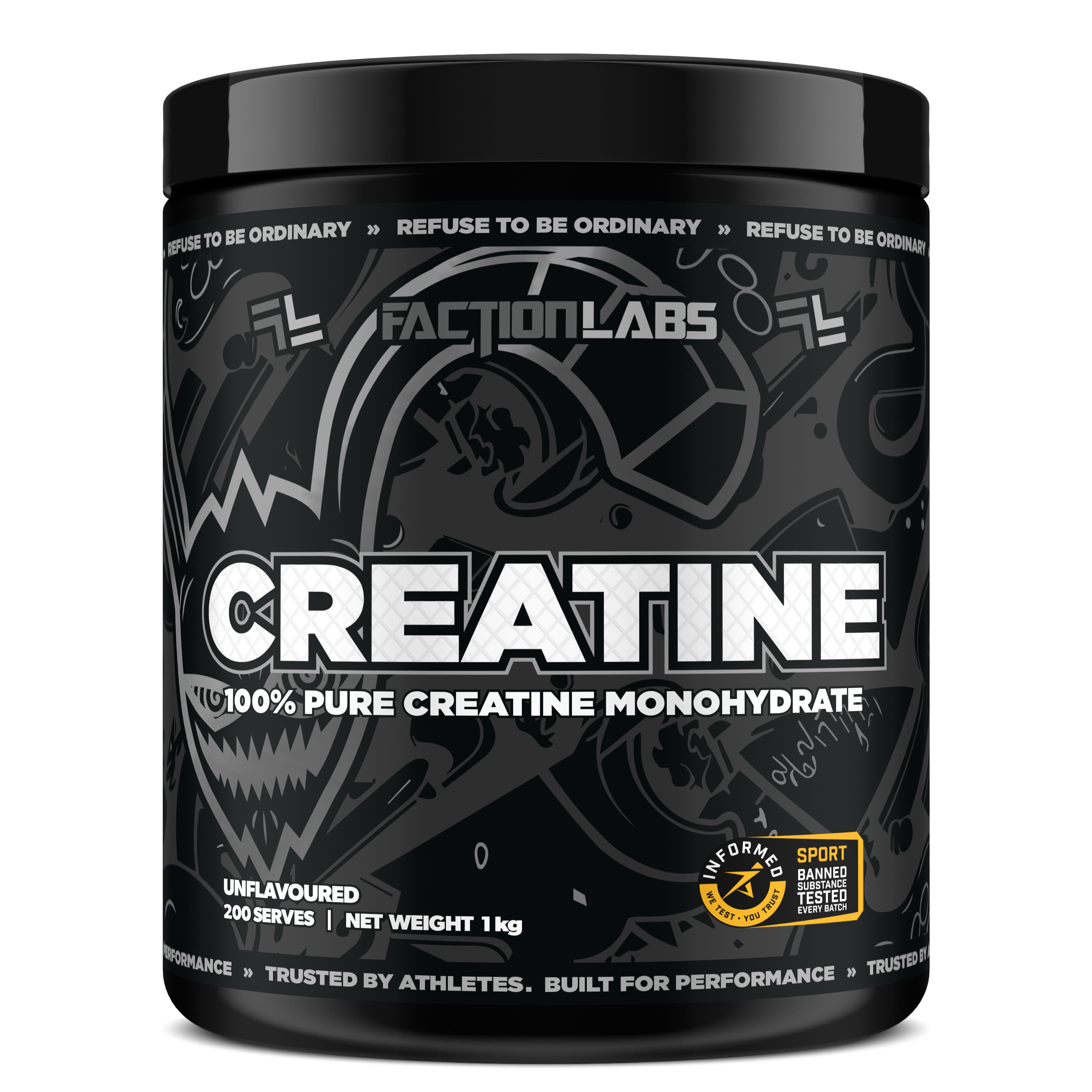 Black container of Faction Labs Creatine powder on a white background
