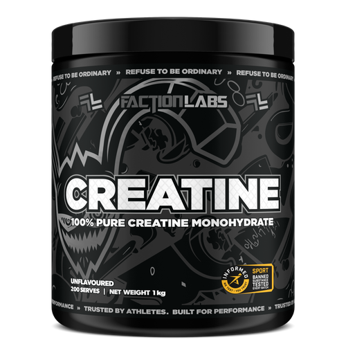 Black container of Faction Labs Creatine powder on a white background