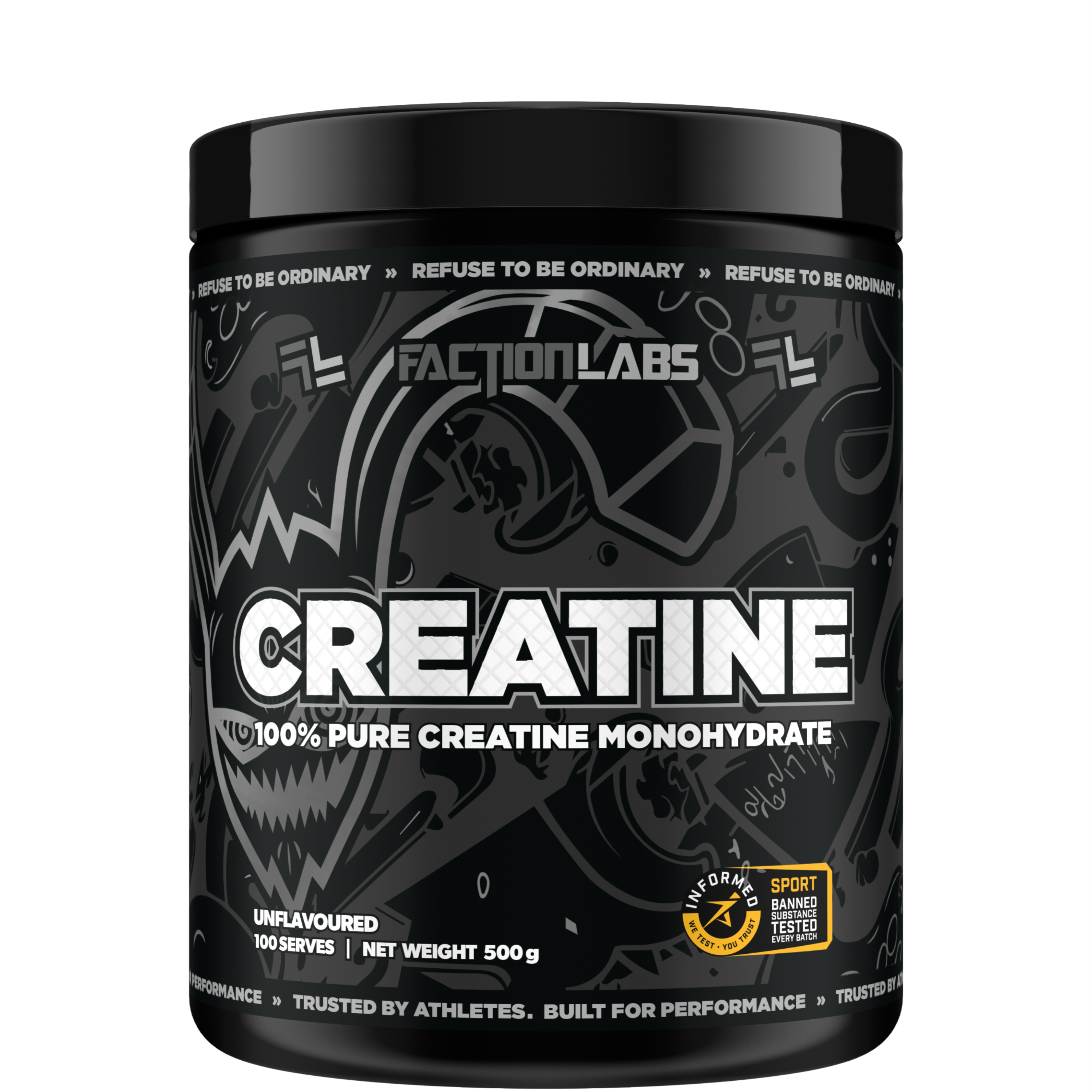 Black container of Faction Labs Creatine powder on a black background