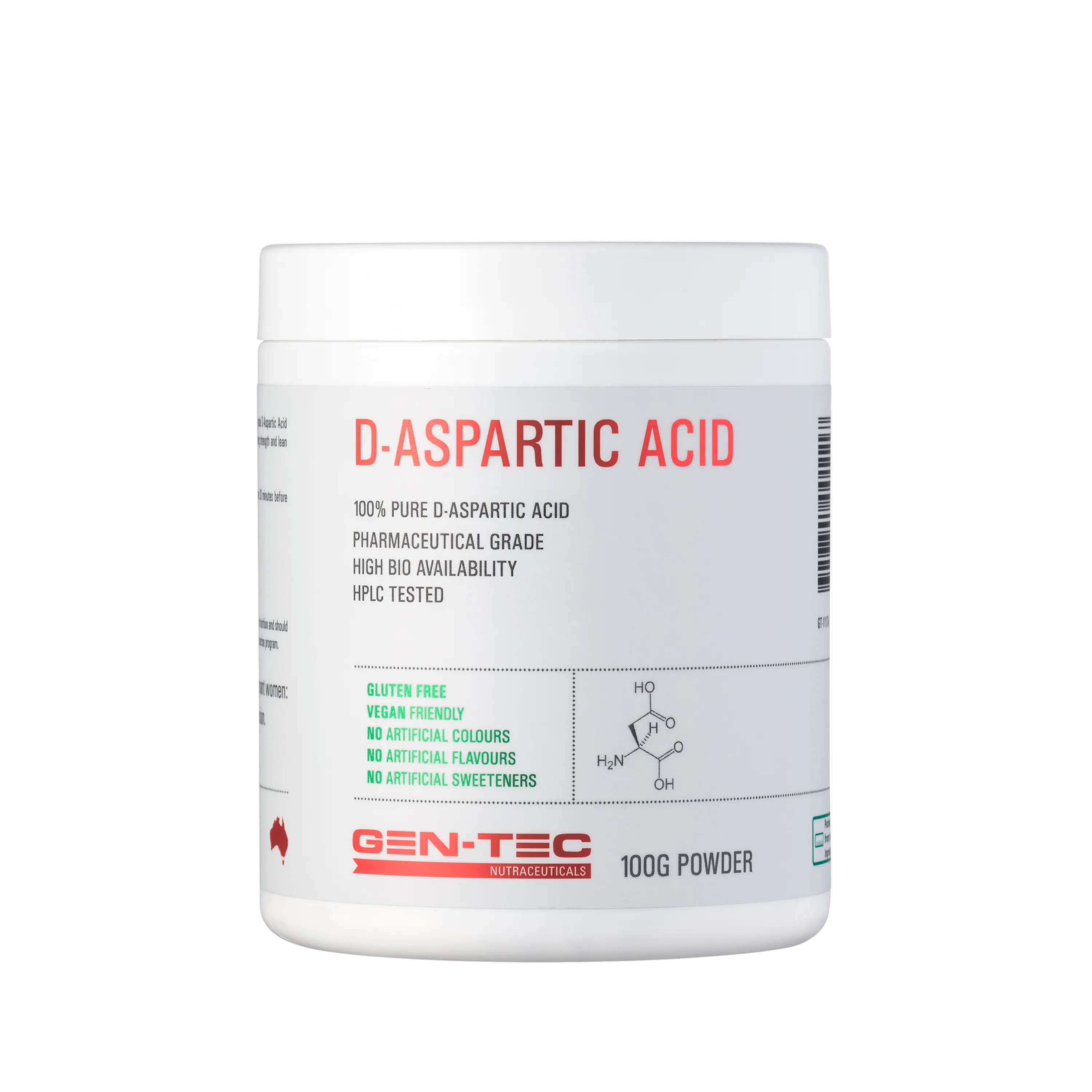 Container of D-Aspartic Acid powder by GEN-TEC on a white background