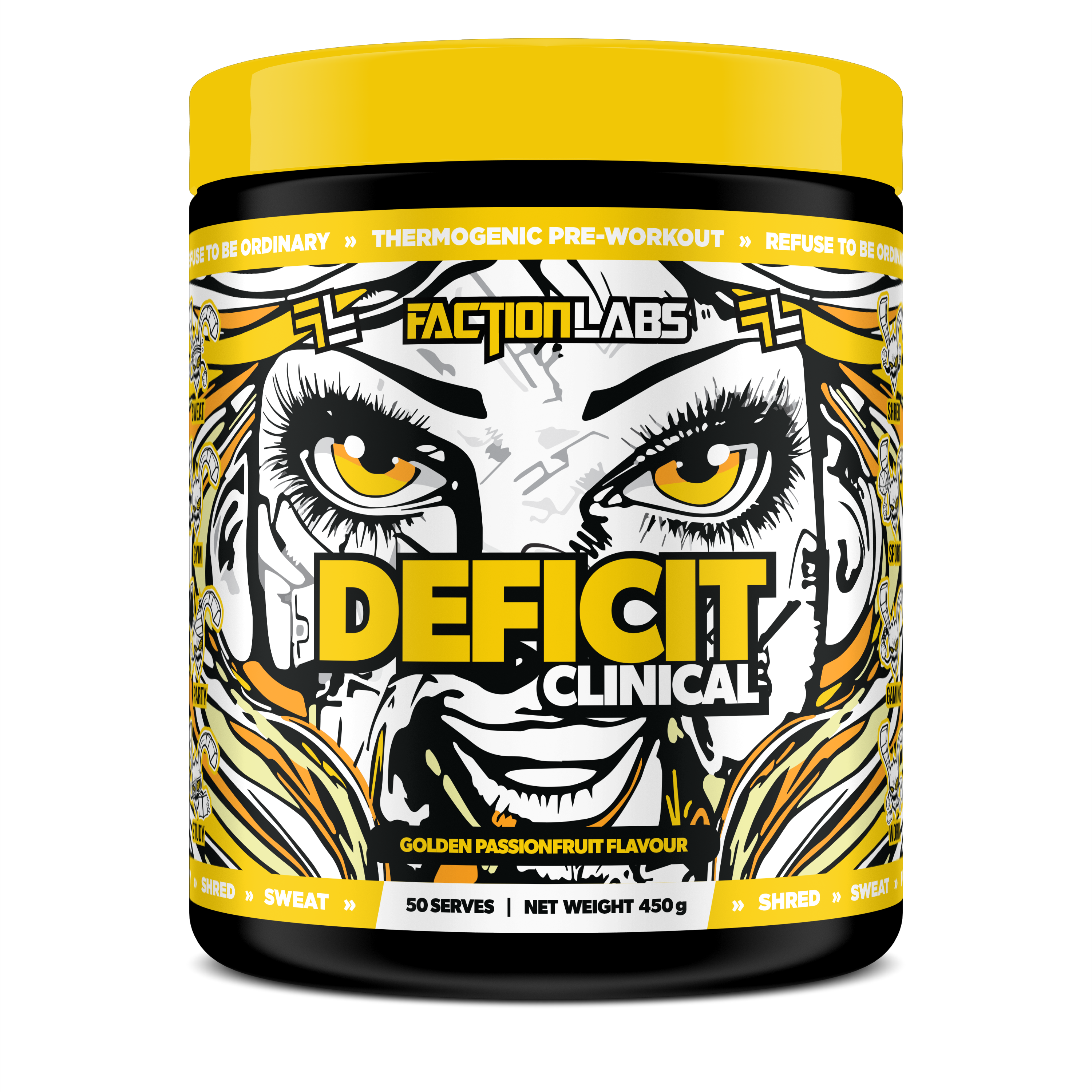 Faction Labs Deficit Clinical supplement container with a graphic design on a white background